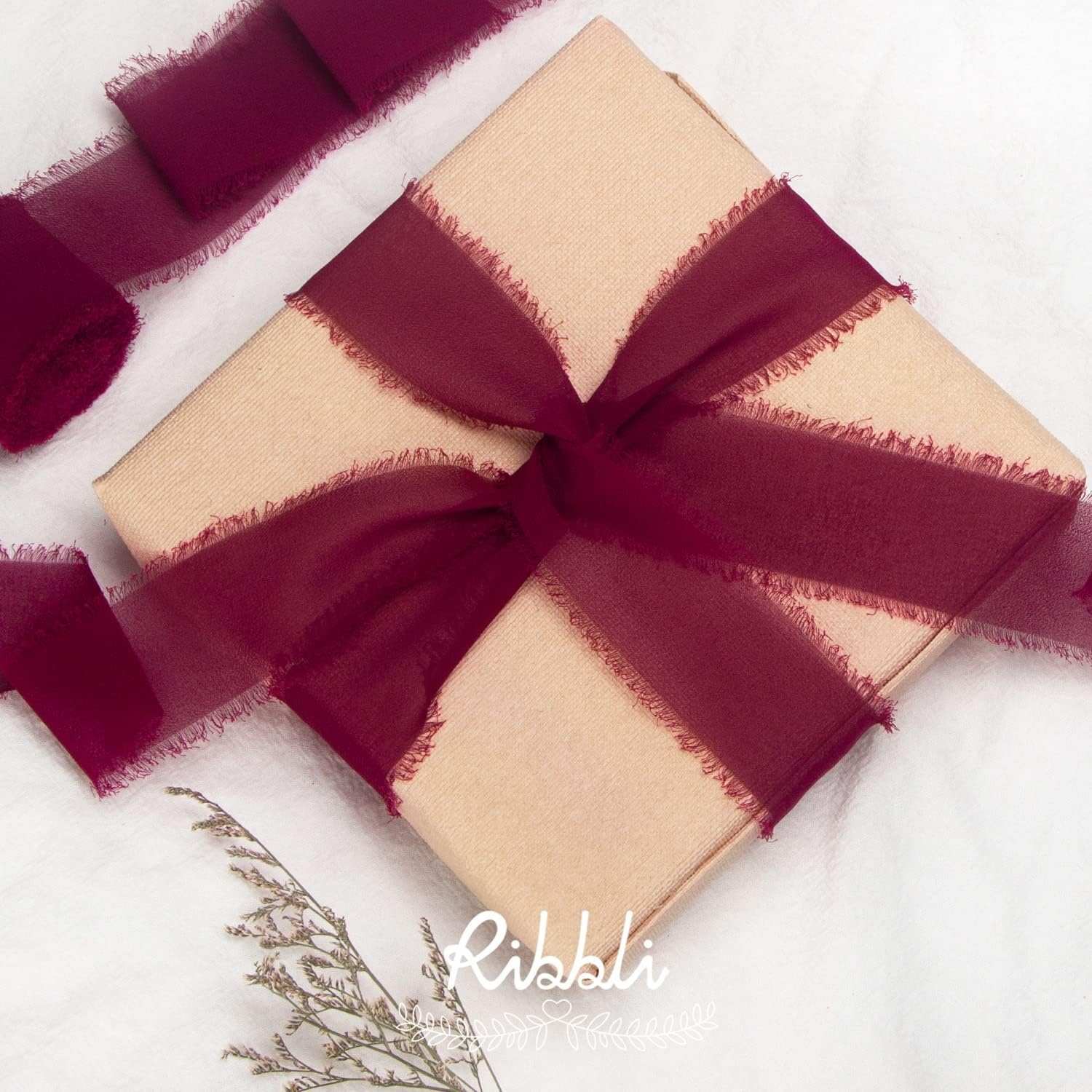 Ribbli Chiffon Silk Ribbon, 1.5 inch x 30 Yard, Champagne/Terracotta/Rust Red Fringe Chiffon Fall Ribbon for Wedding Invitations, Bridal Bouquets Wrapping, Flower Arrangement Decoration(Burgundy)