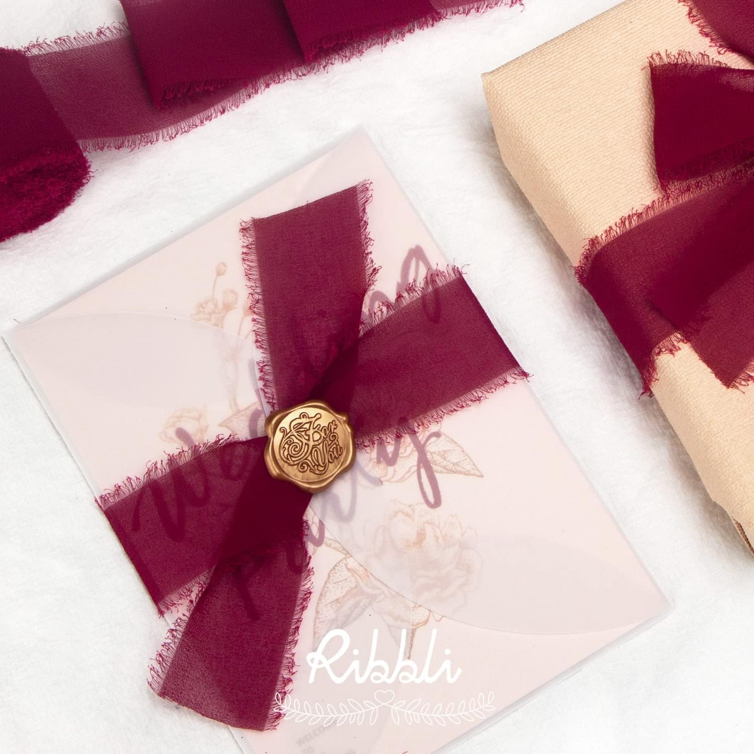 Ribbli Chiffon Silk Ribbon, 1.5 inch x 30 Yard, Champagne/Terracotta/Rust Red Fringe Chiffon Fall Ribbon for Wedding Invitations, Bridal Bouquets Wrapping, Flower Arrangement Decoration(Burgundy)