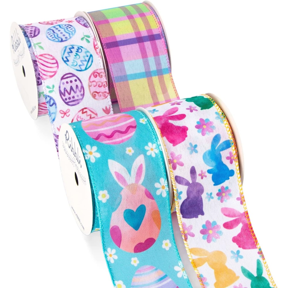 Ribbli Easter Ribbon Wired-Easter Pastel Bunny Easter Eggs Colorful Plaid Burlap Ribbon 2 Inch Total 60 Feets(20 Yards) 4 Rolls Spring Ribbon for Crafts Wreaths Wrapping Outdoor Decor