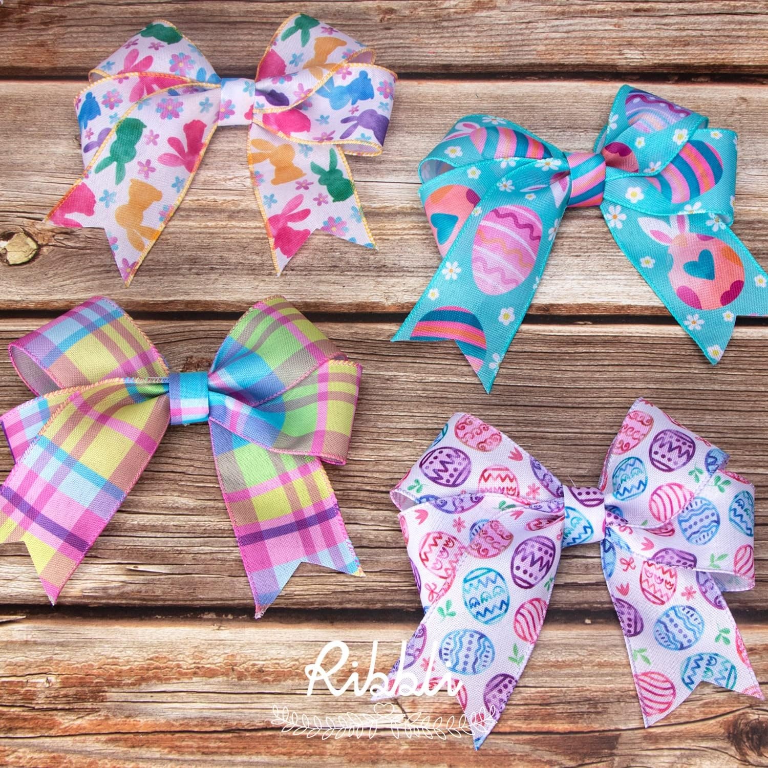 Ribbli Easter Ribbon Wired-Easter Pastel Bunny Easter Eggs Colorful Plaid Burlap Ribbon 2 Inch Total 60 Feets(20 Yards) 4 Rolls Spring Ribbon for Crafts Wreaths Wrapping Outdoor Decor
