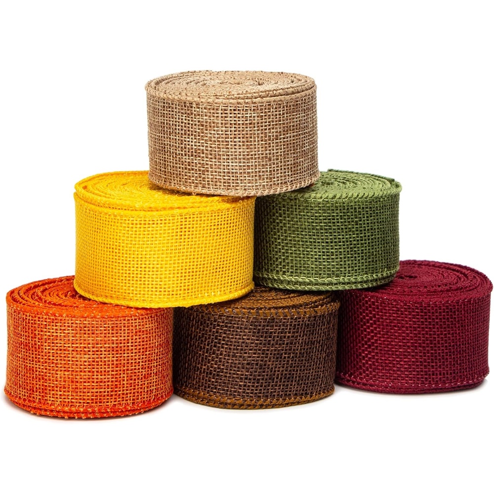 Ribbli Fall Burlap Ribbon,Natural/Yellow/Orange/Sage/Brown/Burgundy Burlap Wired Ribbon,2 Inch x 6 Colors Total 30 Yard, Fall Wired Ribbon for Big Bow,Wreath,Outdoor Decoration(1.5 inch)