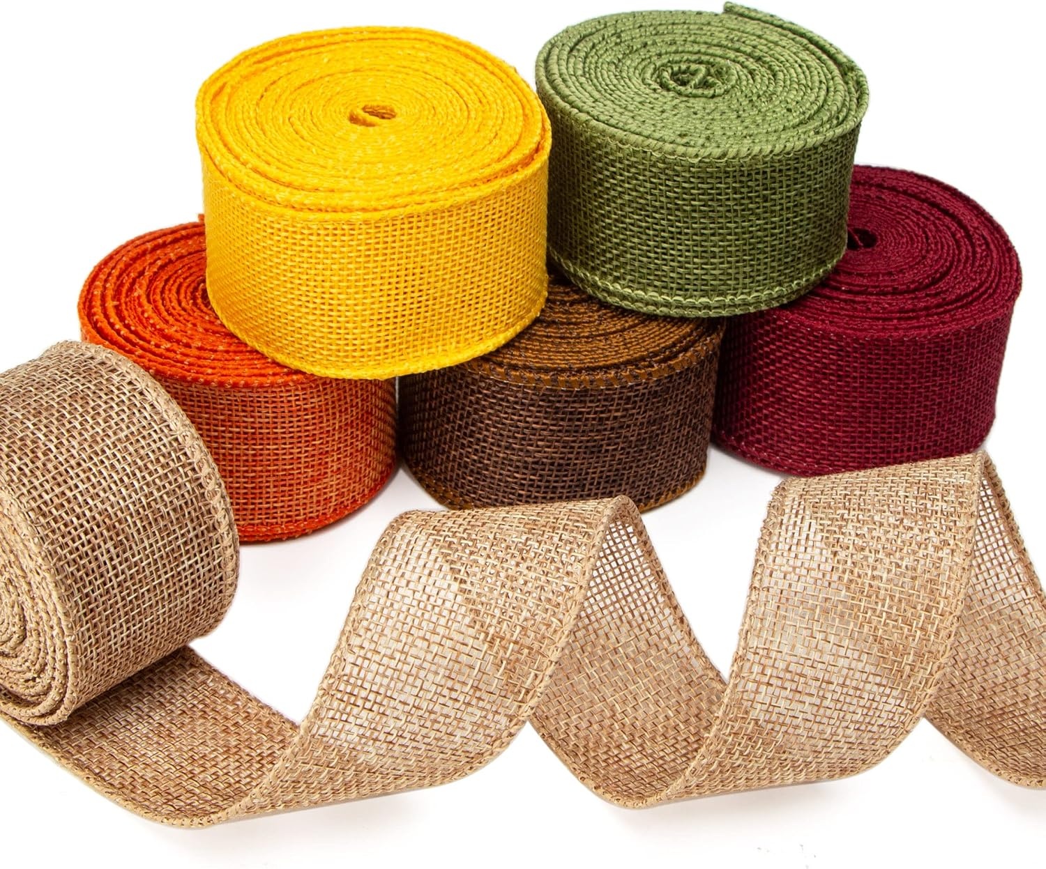 Ribbli Fall Burlap Ribbon,Natural/Yellow/Orange/Sage/Brown/Burgundy Burlap Wired Ribbon,2 Inch x 6 Colors Total 30 Yard, Fall Wired Ribbon for Big Bow,Wreath,Outdoor Decoration(1.5 inch)