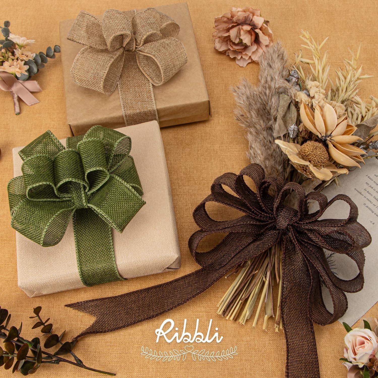 Ribbli Fall Burlap Ribbon,Natural/Yellow/Orange/Sage/Brown/Burgundy Burlap Wired Ribbon,2 Inch x 6 Colors Total 30 Yard, Fall Wired Ribbon for Big Bow,Wreath,Outdoor Decoration(1.5 inch)