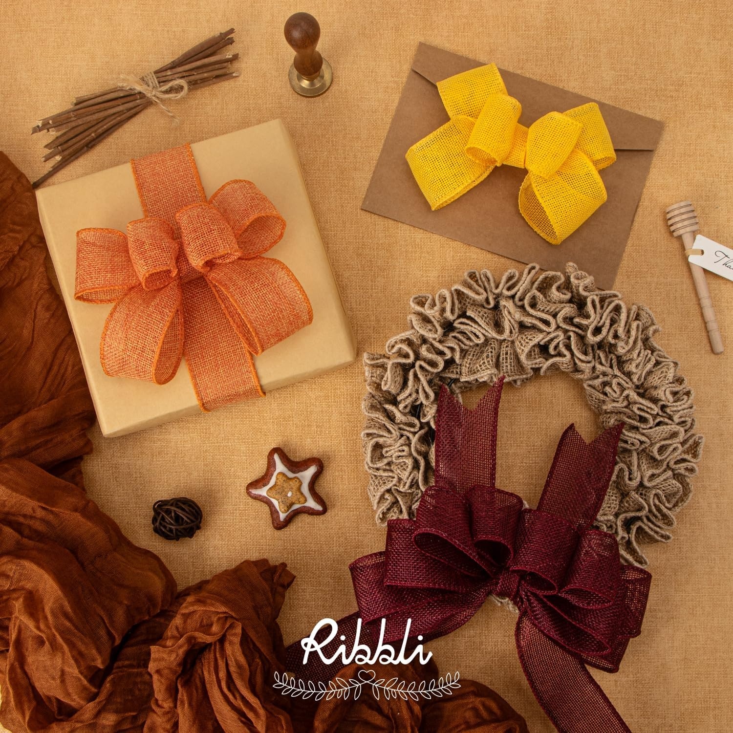 Ribbli Fall Burlap Ribbon,Natural/Yellow/Orange/Sage/Brown/Burgundy Burlap Wired Ribbon,2 Inch x 6 Colors Total 30 Yard, Fall Wired Ribbon for Big Bow,Wreath,Outdoor Decoration(1.5 inch)