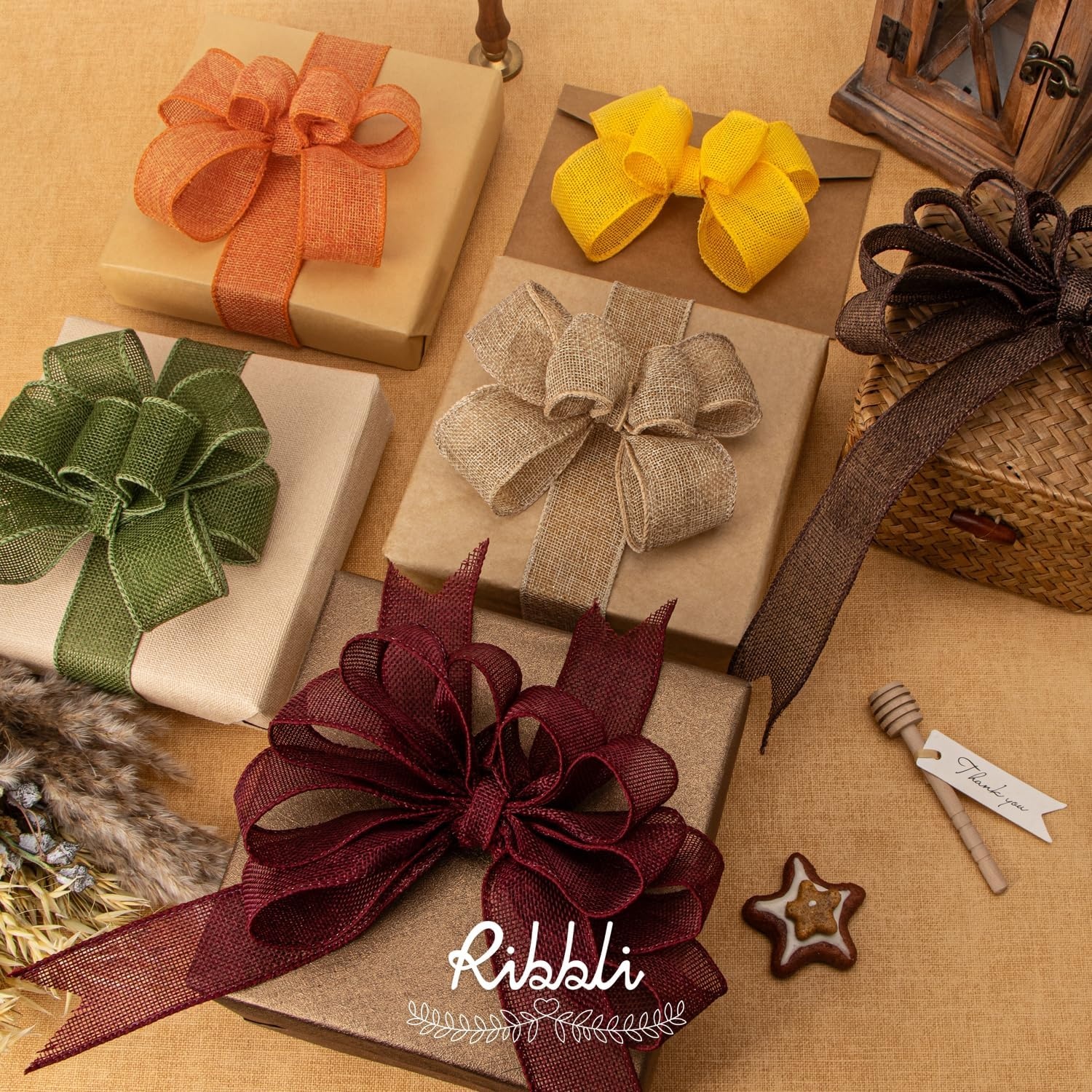 Ribbli Fall Burlap Ribbon,Natural/Yellow/Orange/Sage/Brown/Burgundy Burlap Wired Ribbon,2 Inch x 6 Colors Total 30 Yard, Fall Wired Ribbon for Big Bow,Wreath,Outdoor Decoration(1.5 inch)