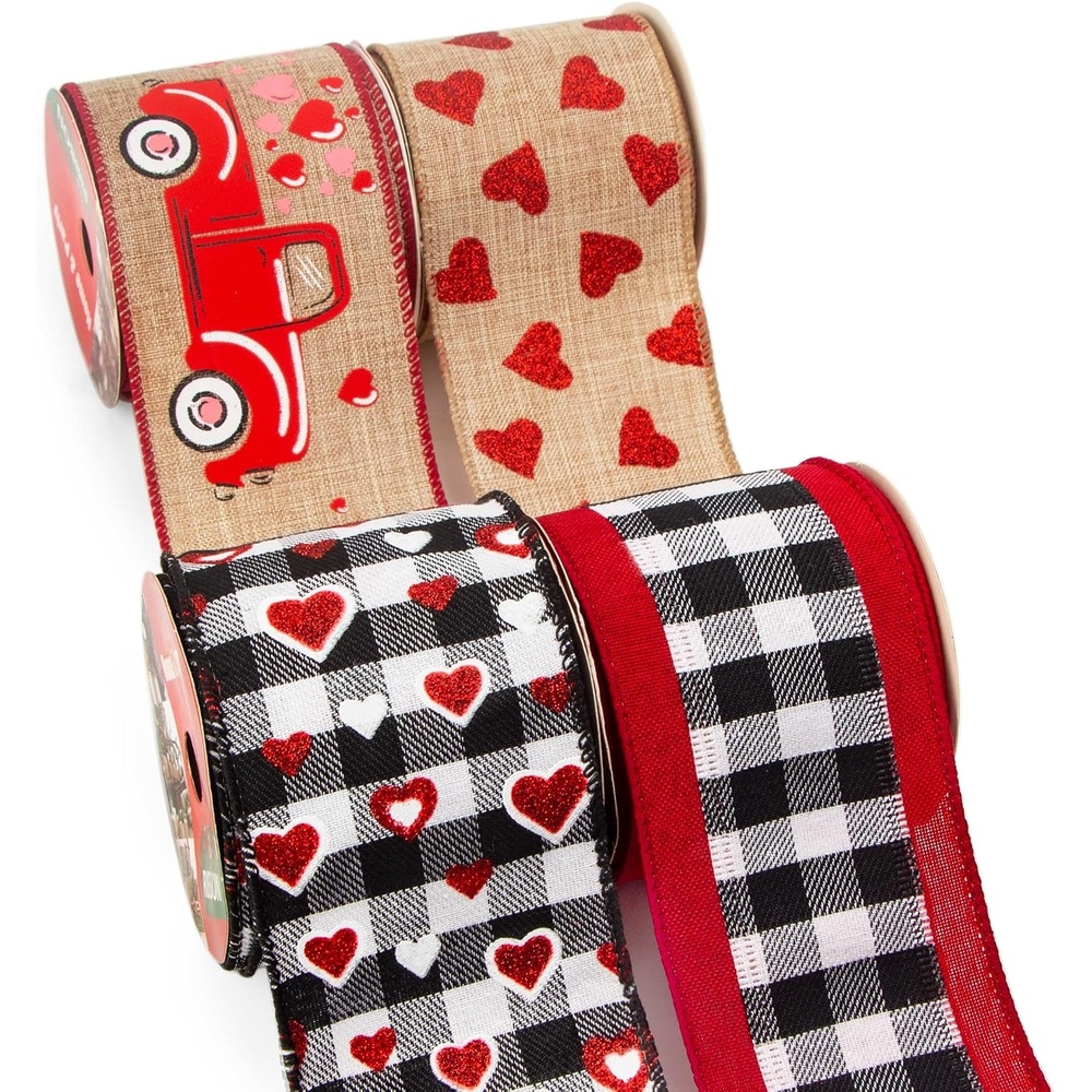 Ribbli Valentine’s Day Ribbon Wired,4 Rolls Valentine Ribbon,Red Truck & Glitter Heart & Buffalo Plaid,2-1/2 Inch Total 60 Feets(20 Yards), Valentines Ribbon for Big Bow,Wreath Decoration