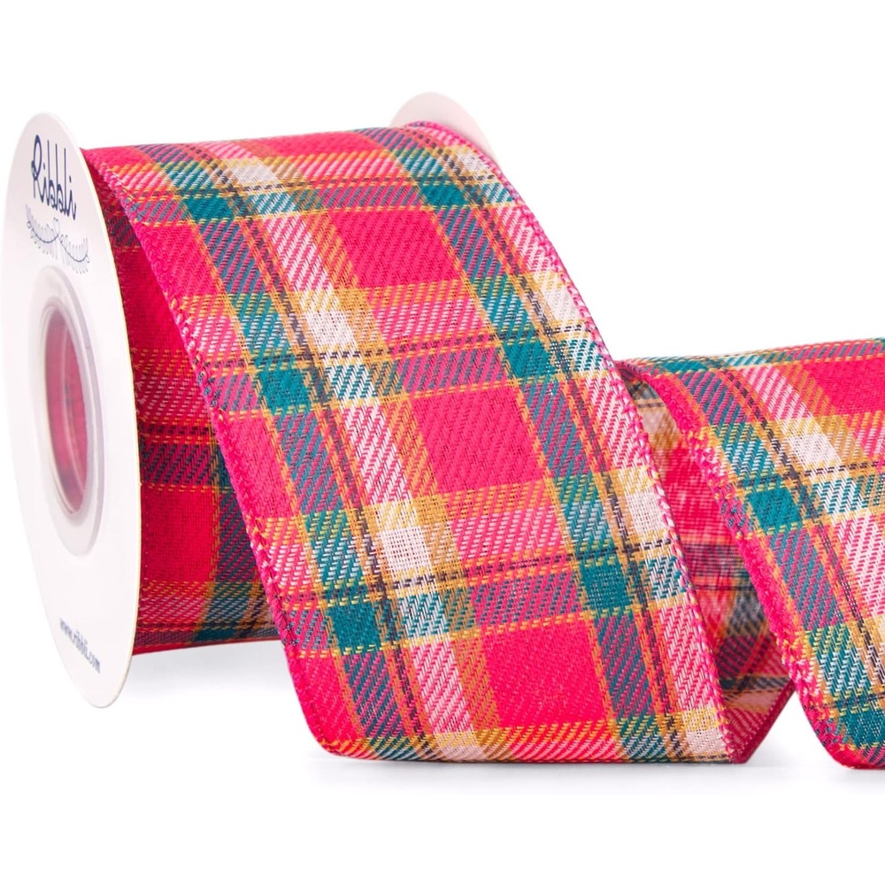 Ribbli Pink Plaid Burlap Wired Ribbon, 2-1/2 Inch x 10 Yard,Hot Pink and Turquoise Plaid Ribbon for Crafts,Big Bows,Easter Wreaths,Gift Wrapping,Spring Decoration
