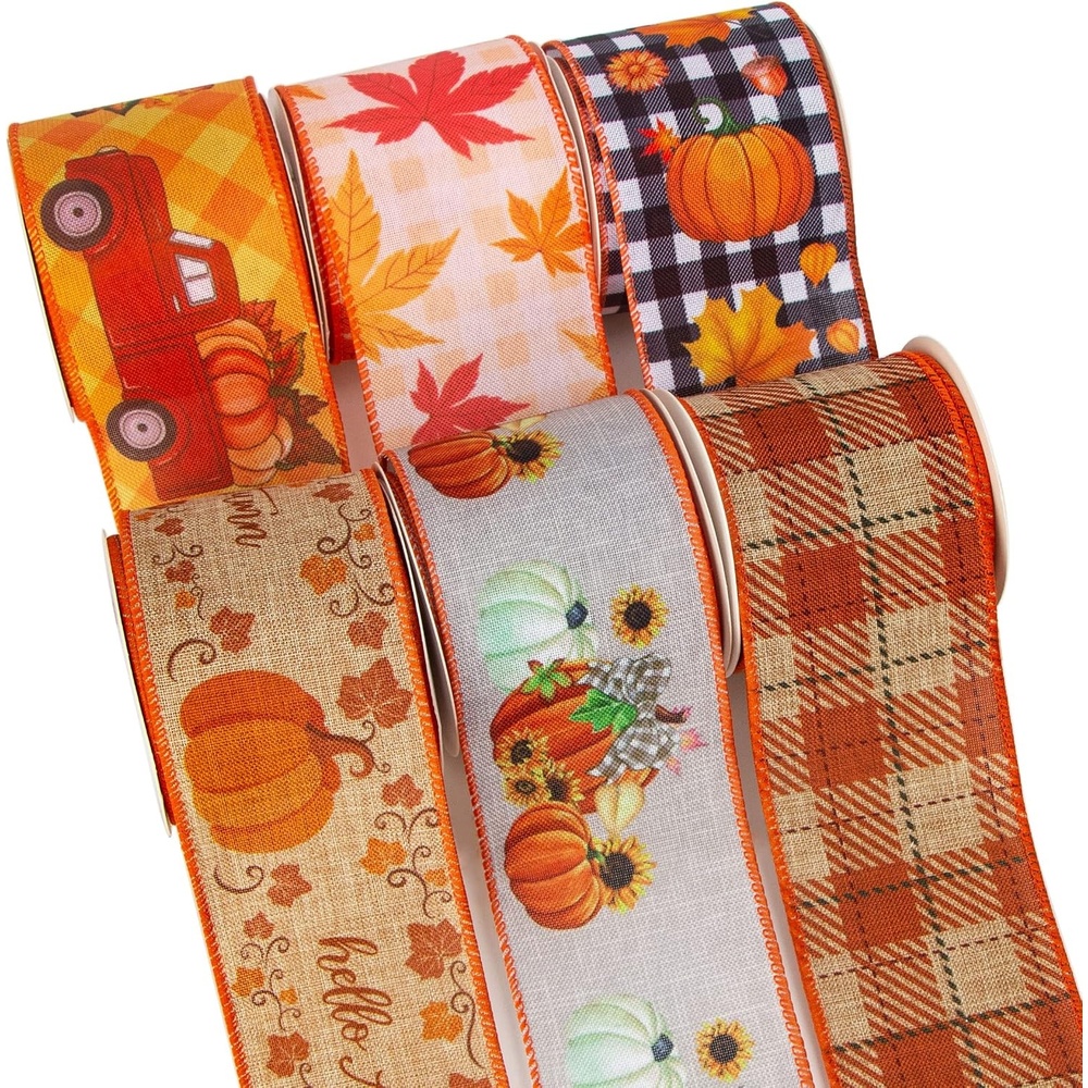 Ribbli Fall Ribbon Wired 6 Rolls 2.5 Inch,Total 90 Feet(30 Yards), Hello Autumn/Vintage Truck/Pumpkin/Maple Leaves/Fall Plaid/Buffalo Plaid with Pumkin Ribbon for Wreaths, Big Bows, Autumn Decoration