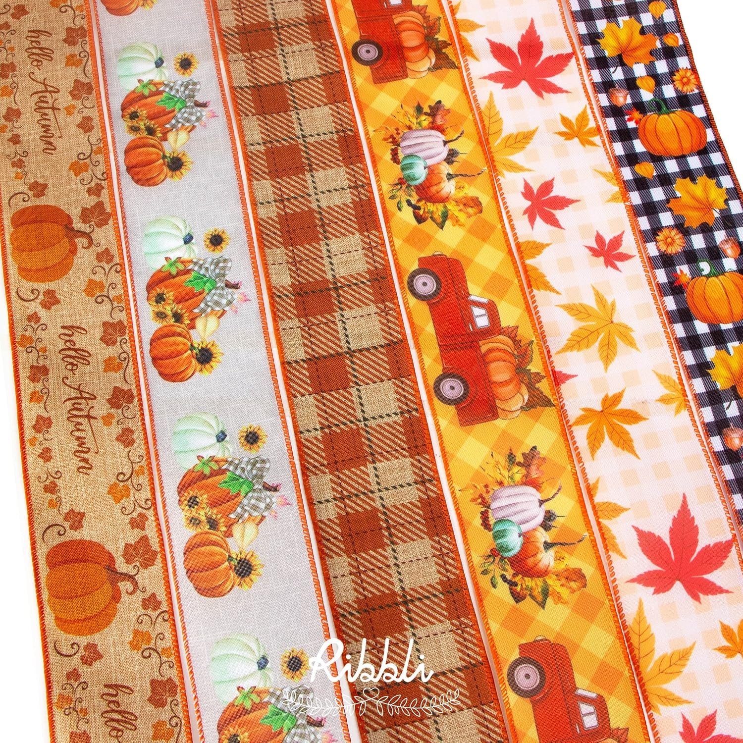 Ribbli Fall Ribbon Wired 6 Rolls 2.5 Inch,Total 90 Feet(30 Yards), Hello Autumn/Vintage Truck/Pumpkin/Maple Leaves/Fall Plaid/Buffalo Plaid with Pumkin Ribbon for Wreaths, Big Bows, Autumn Decoration