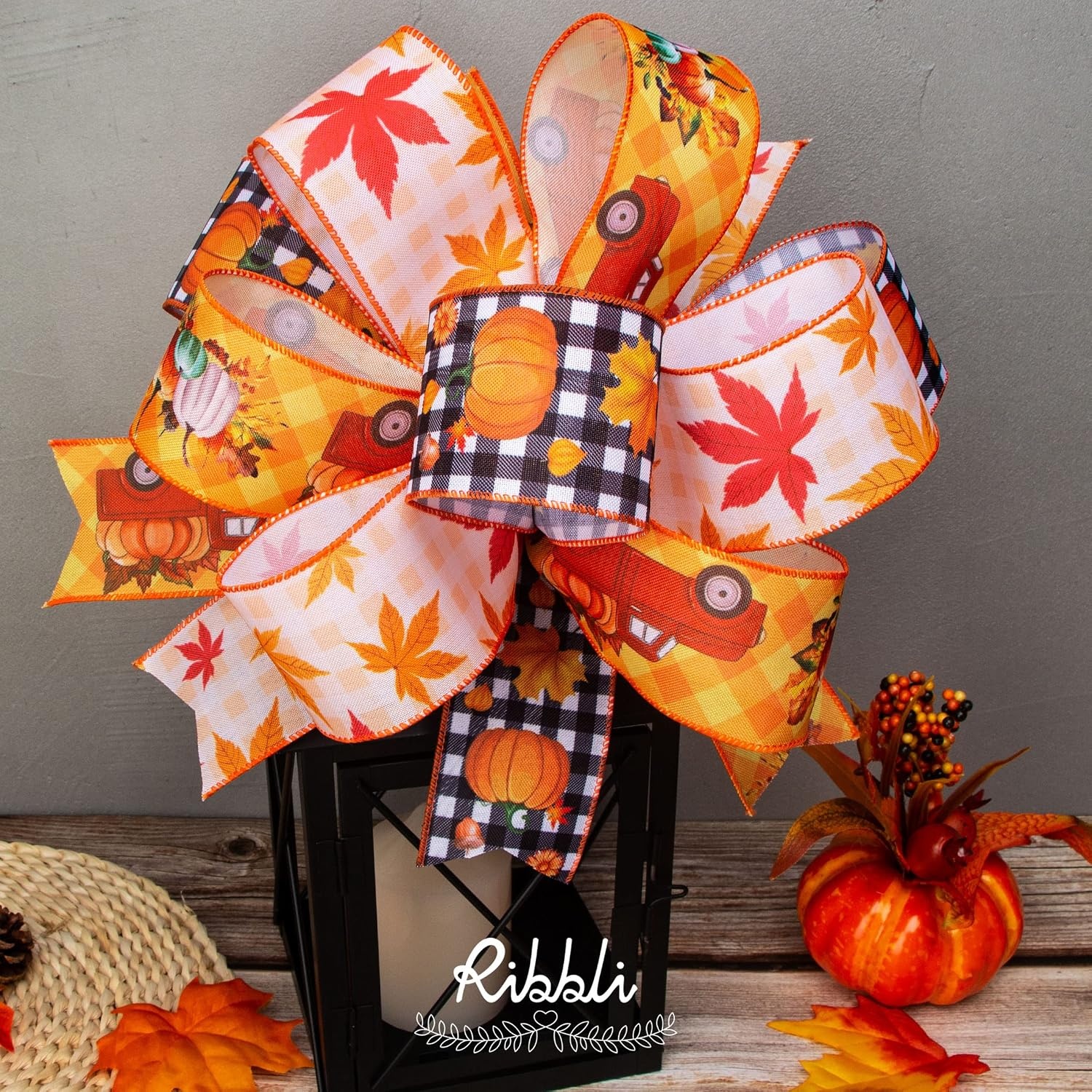 Ribbli Fall Ribbon Wired 6 Rolls 2.5 Inch,Total 90 Feet(30 Yards), Hello Autumn/Vintage Truck/Pumpkin/Maple Leaves/Fall Plaid/Buffalo Plaid with Pumkin Ribbon for Wreaths, Big Bows, Autumn Decoration