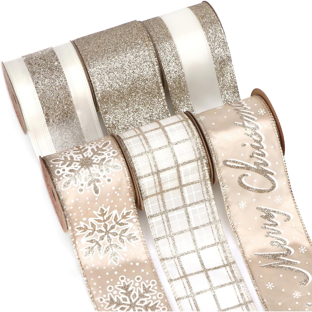 Ribbli Christmas Ribbon Wired Black Champagne Christmas Tree Ribbon Snowflake Glitter Wired Ribbons for Tree Topper Bow Crafts Gift Wrapping Wreaths Garland Home Decor -2.5 Inchx6 Rolls Total 36Yard(Champagne Gold)