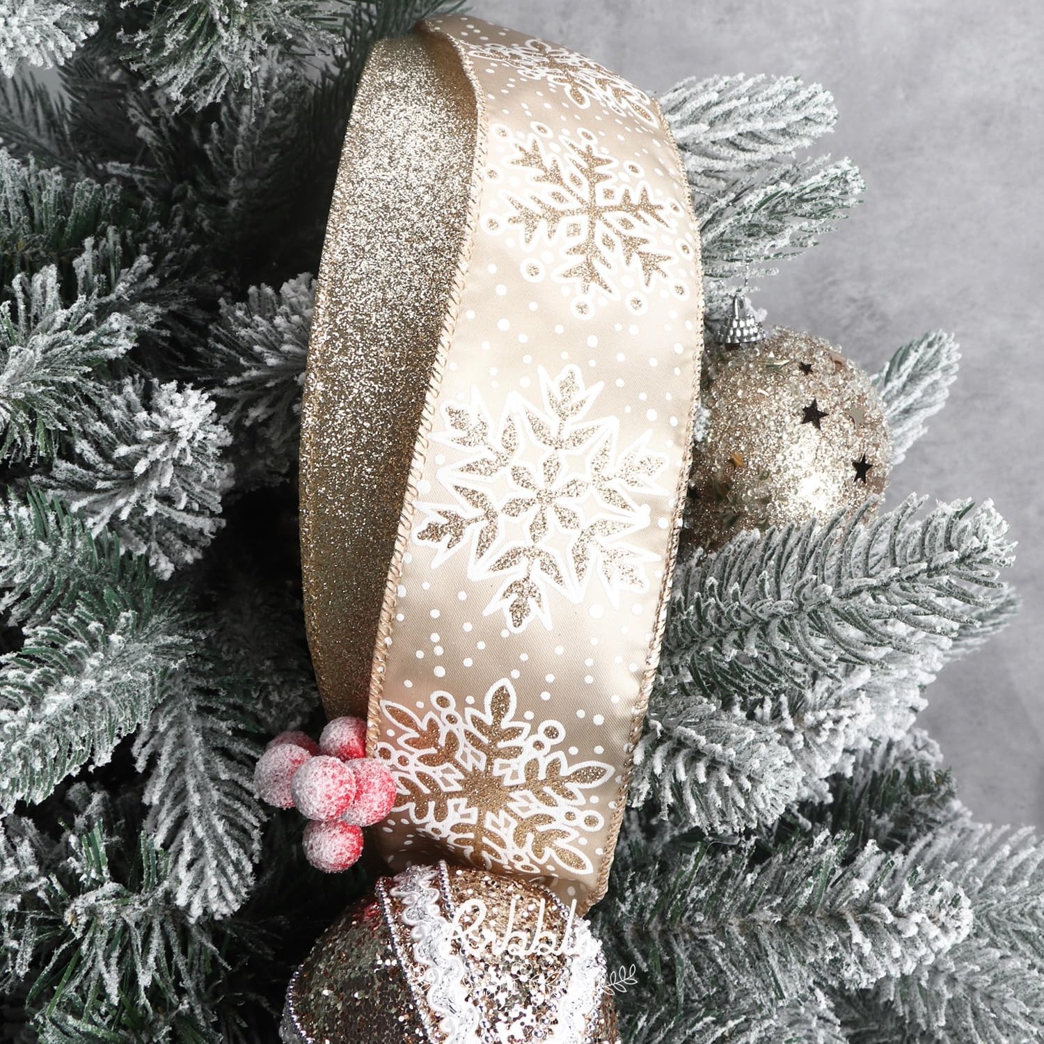 Ribbli Christmas Ribbon Wired Black Champagne Christmas Tree Ribbon Snowflake Glitter Wired Ribbons for Tree Topper Bow Crafts Gift Wrapping Wreaths Garland Home Decor -2.5 Inchx6 Rolls Total 36Yard(Champagne Gold)