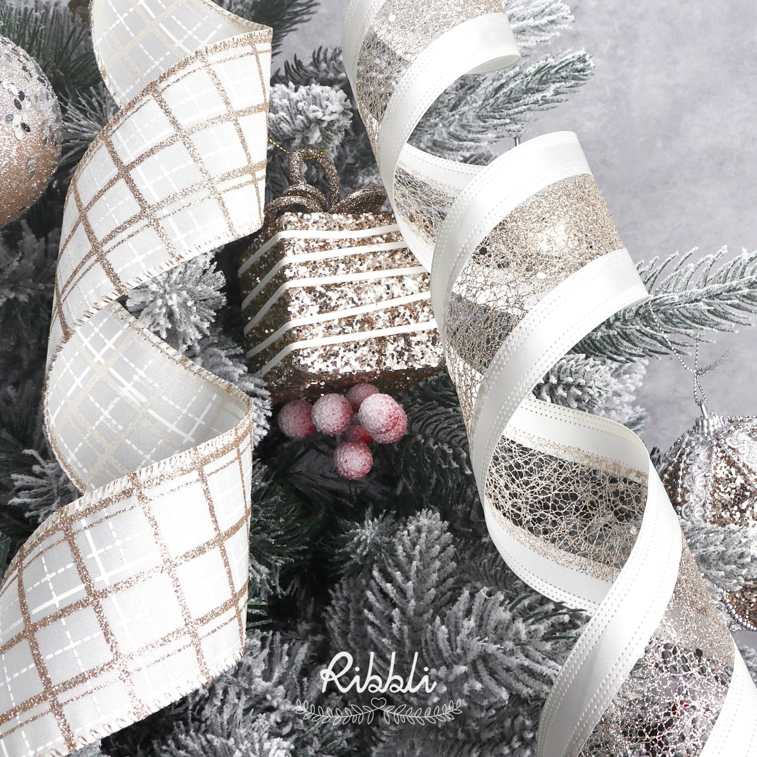 Ribbli Christmas Ribbon Wired Black Champagne Christmas Tree Ribbon Snowflake Glitter Wired Ribbons for Tree Topper Bow Crafts Gift Wrapping Wreaths Garland Home Decor -2.5 Inchx6 Rolls Total 36Yard(Champagne Gold)