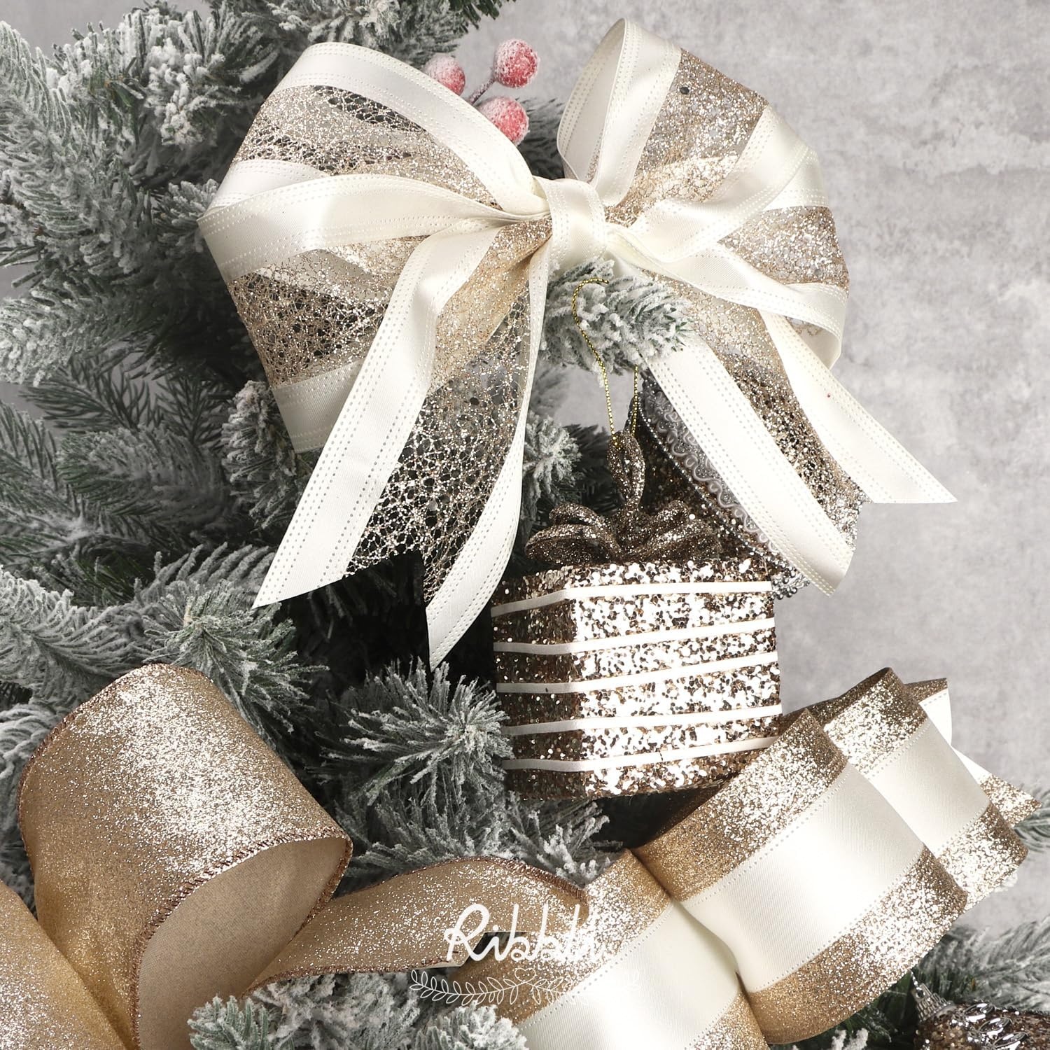 Ribbli Christmas Ribbon Wired Black Champagne Christmas Tree Ribbon Snowflake Glitter Wired Ribbons for Tree Topper Bow Crafts Gift Wrapping Wreaths Garland Home Decor -2.5 Inchx6 Rolls Total 36Yard(Champagne Gold)