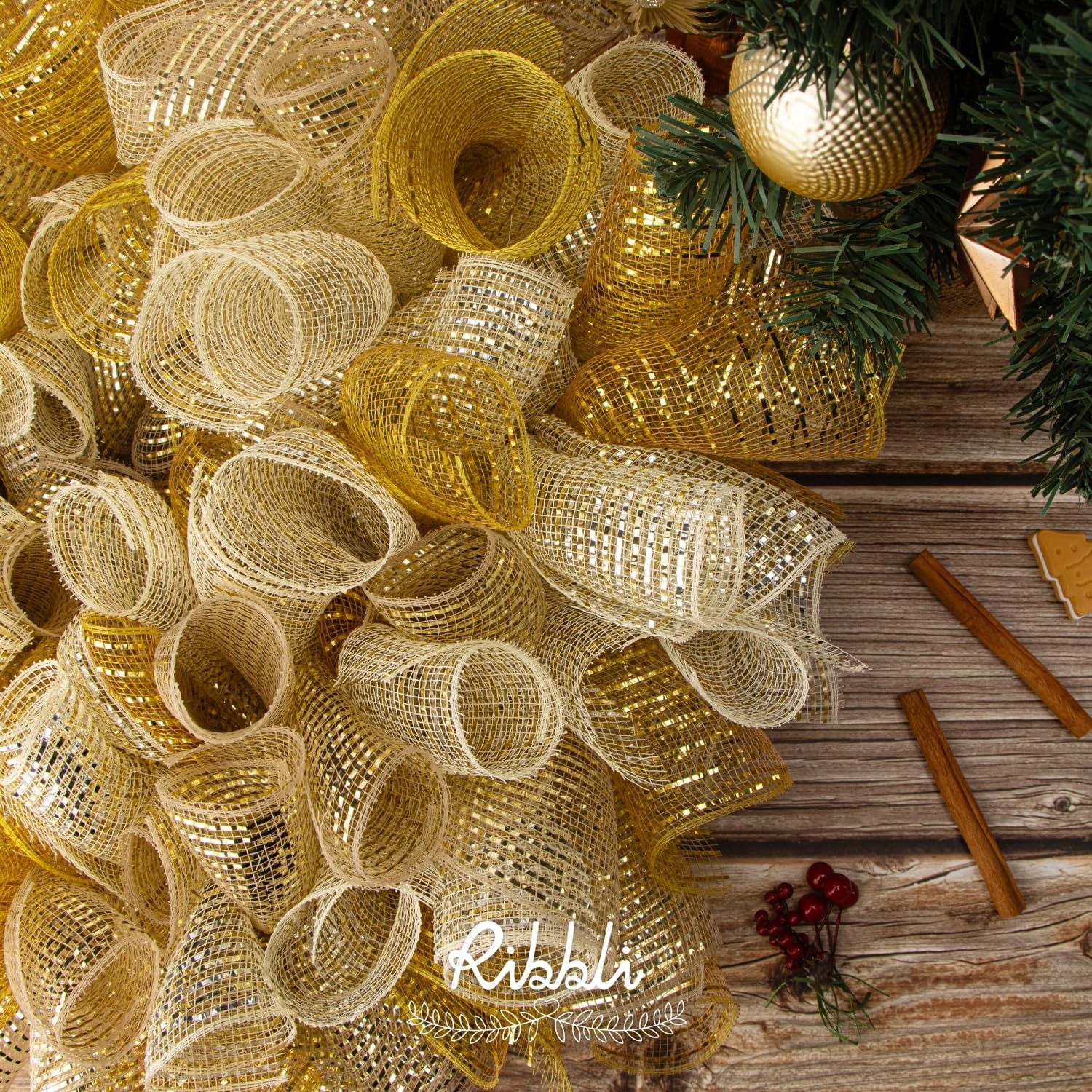Ribbli Yellow Metallic Mesh Ribbon, 10 inch x 30 feet(10Yard), Yellow with Gold Foil, Use for Wreath Swags and Christmas Tree Decoration(Gold/Gold)