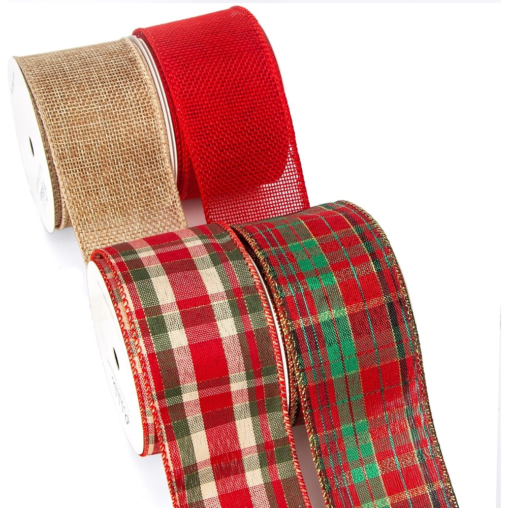 Ribbli 4 Rolls Wired Ribbon, Natural & Red Burlap Plaid, 2 Inch x 20 Yard, Christmas Craft, Big Bow, Gift Wrapping, Wreath & Tree Decoration