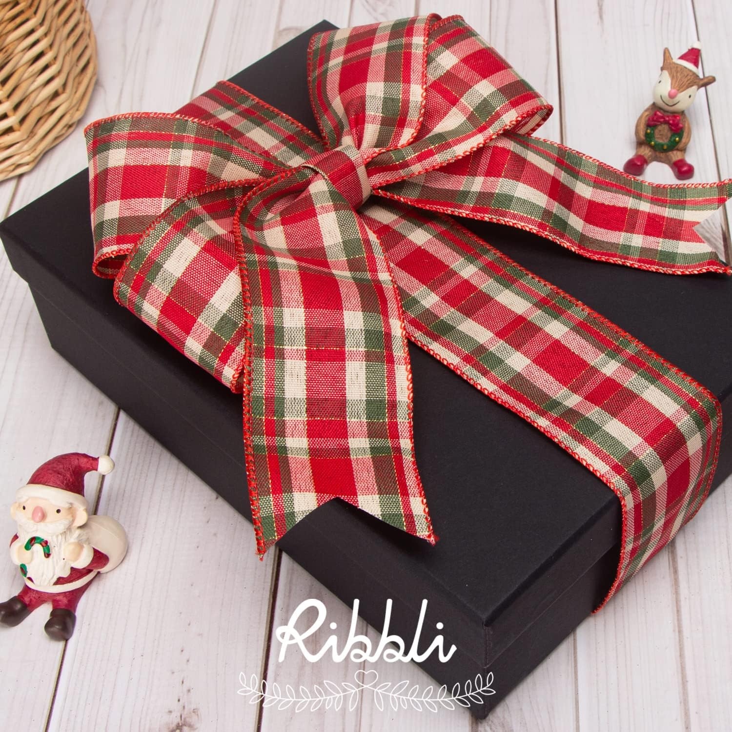Ribbli 4 Rolls Wired Ribbon, Natural & Red Burlap Plaid, 2 Inch x 20 Yard, Christmas Craft, Big Bow, Gift Wrapping, Wreath & Tree Decoration