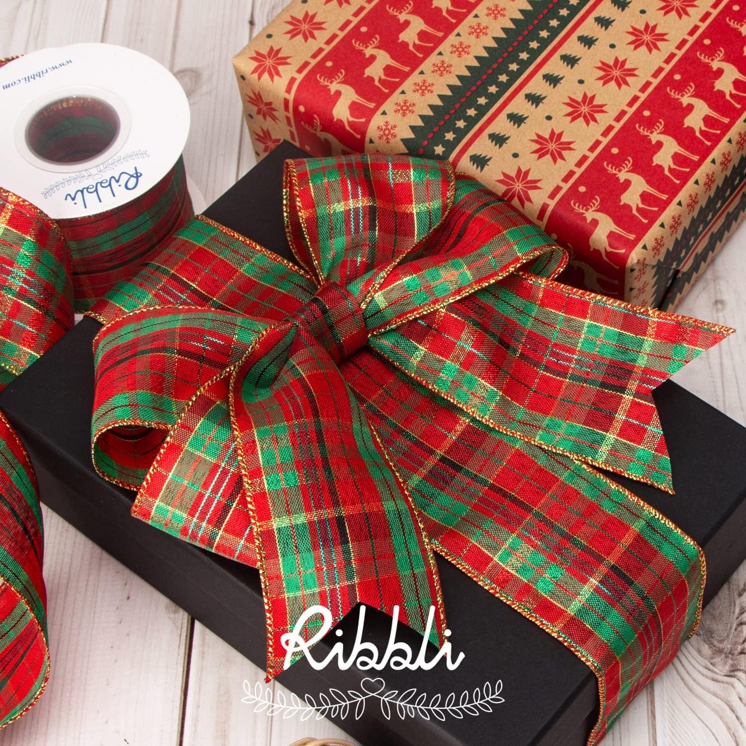 Ribbli 4 Rolls Wired Ribbon, Natural & Red Burlap Plaid, 2 Inch x 20 Yard, Christmas Craft, Big Bow, Gift Wrapping, Wreath & Tree Decoration