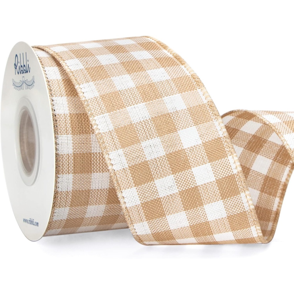 Ribbli Red and Black Wired Ribbon, 2-1/2 Inch x 10 Yard,Buffalo Plaid Burlap, Christmas Ribbon for Big Bow,Wreath,Tree Decoration,Outdoor Decoration(Beige/White)
