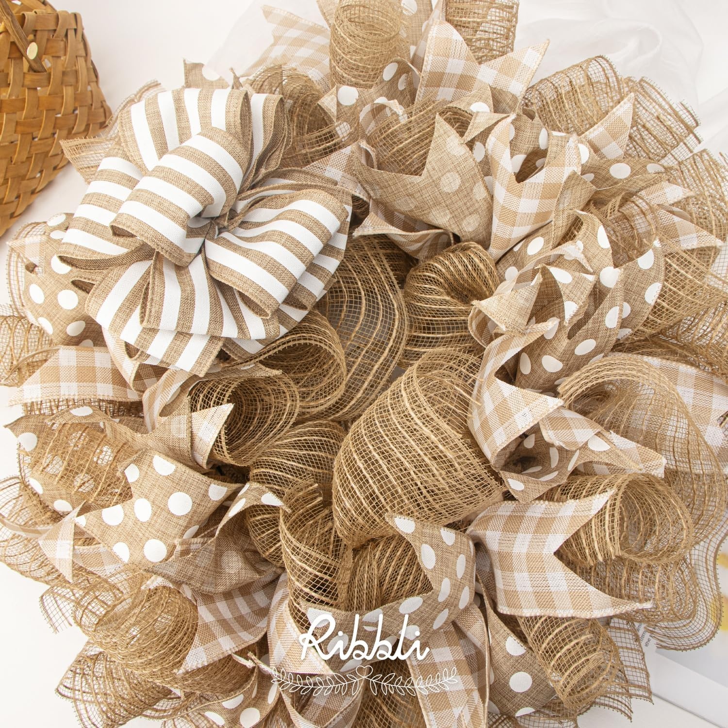 Ribbli Red and Black Wired Ribbon, 2-1/2 Inch x 10 Yard,Buffalo Plaid Burlap, Christmas Ribbon for Big Bow,Wreath,Tree Decoration,Outdoor Decoration(Beige/White)