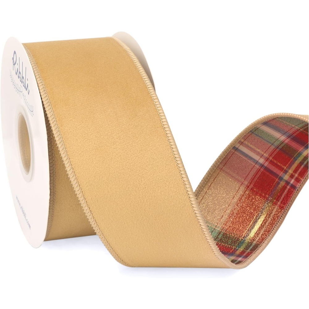 Ribbli Red Velvet Wired Ribbon with Metallic Plaid Reversible 2.5 Inch Christmas Ribbon for Gift Wrapping Christmas Tree Decoration Crafts Wreaths Supplies-Continuous 10 Yards(Champagne)