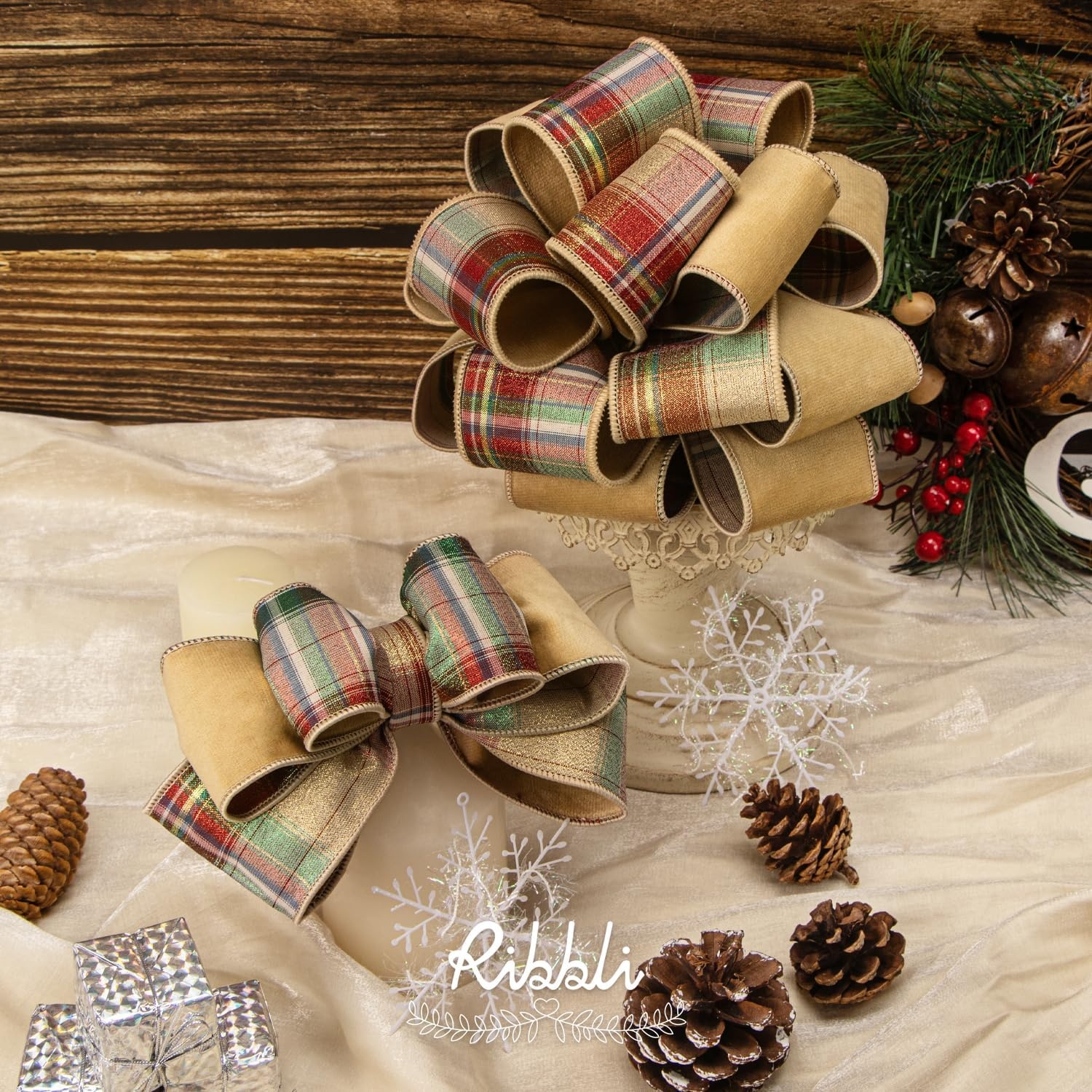 Ribbli Red Velvet Wired Ribbon with Metallic Plaid Reversible 2.5 Inch Christmas Ribbon for Gift Wrapping Christmas Tree Decoration Crafts Wreaths Supplies-Continuous 10 Yards(Champagne)