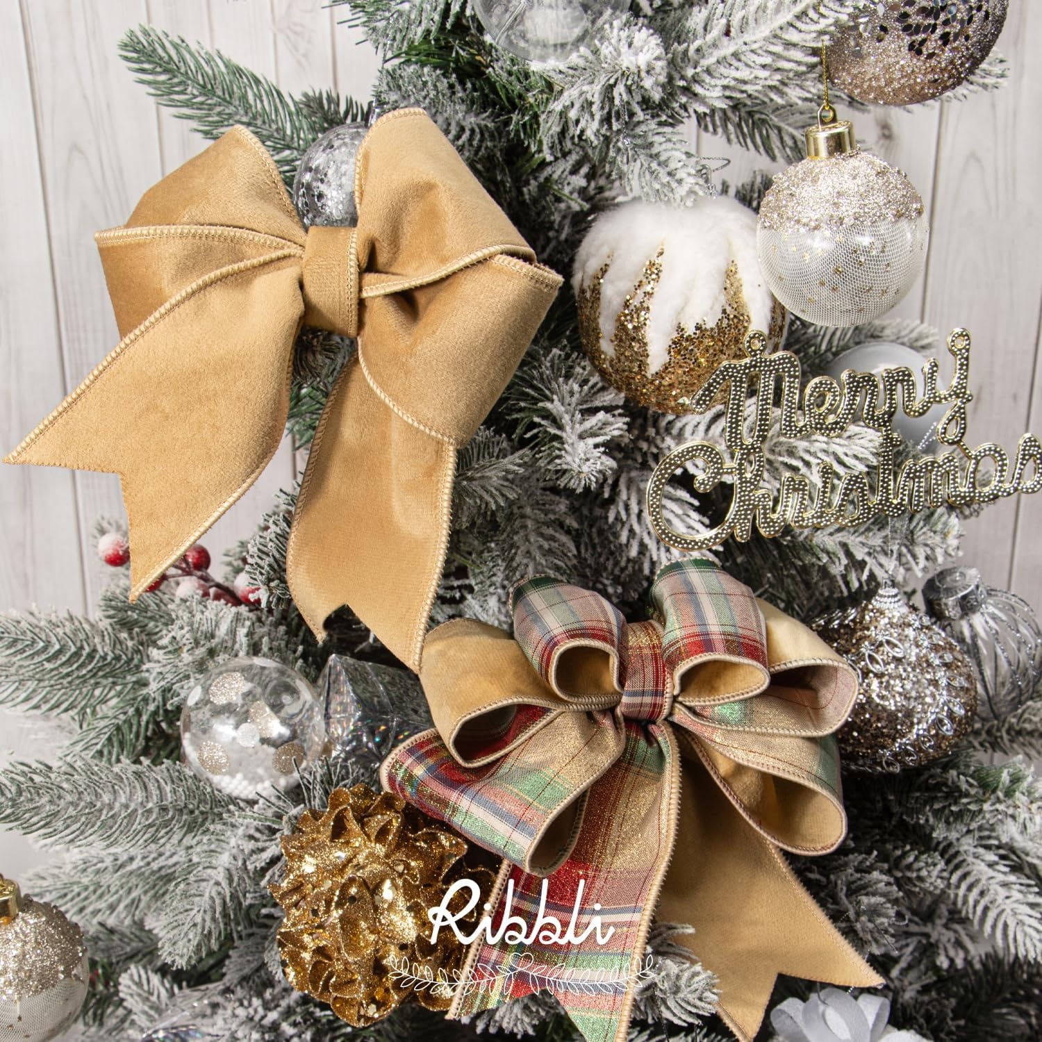 Ribbli Red Velvet Wired Ribbon with Metallic Plaid Reversible 2.5 Inch Christmas Ribbon for Gift Wrapping Christmas Tree Decoration Crafts Wreaths Supplies-Continuous 10 Yards(Champagne)