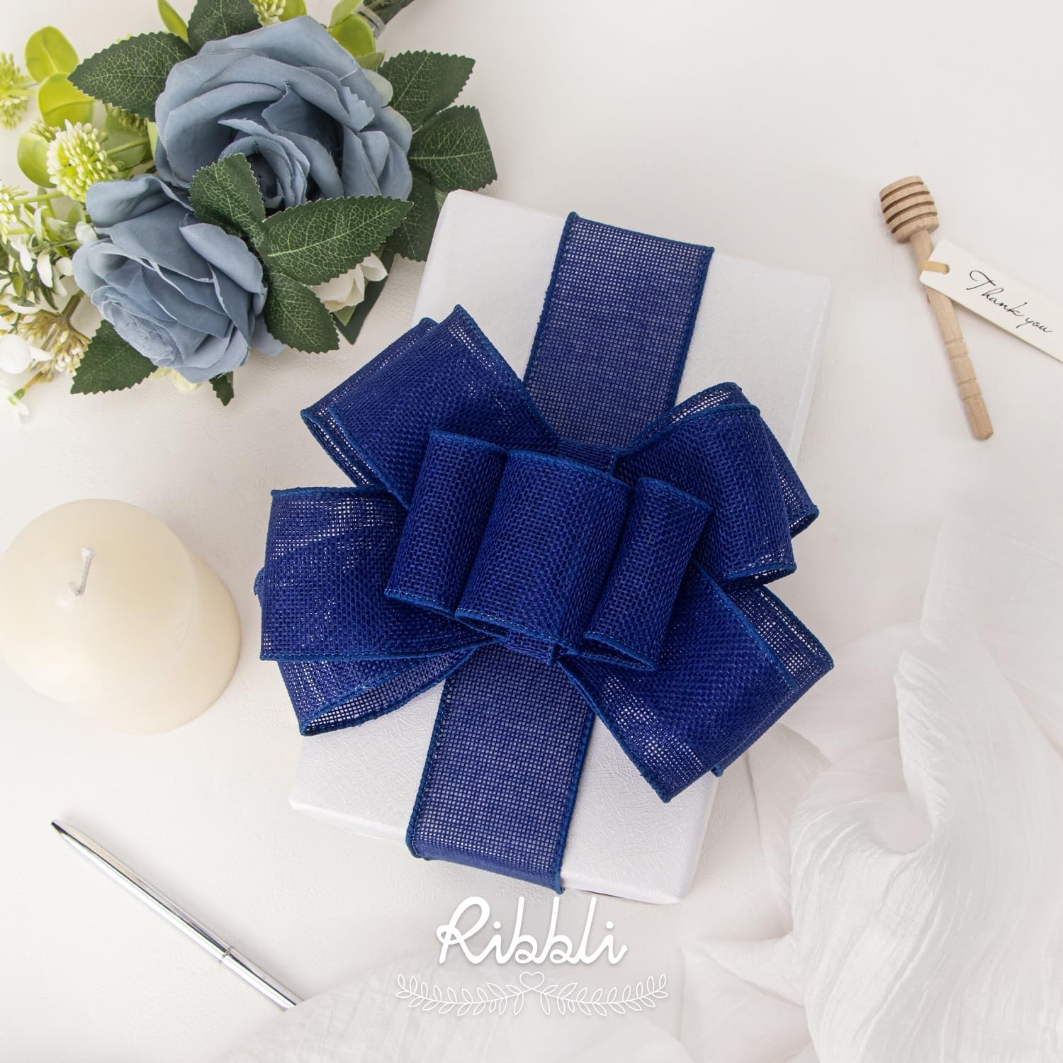 Ribbli Pink Burlap Valentine’s Day Wired Ribbon,2 Inch x Continuous 10 Yard, Easter Wired Edge Ribbon for Big Bow,Wreath,Tree Decoration,Outdoor Decoration(Dark Blue)