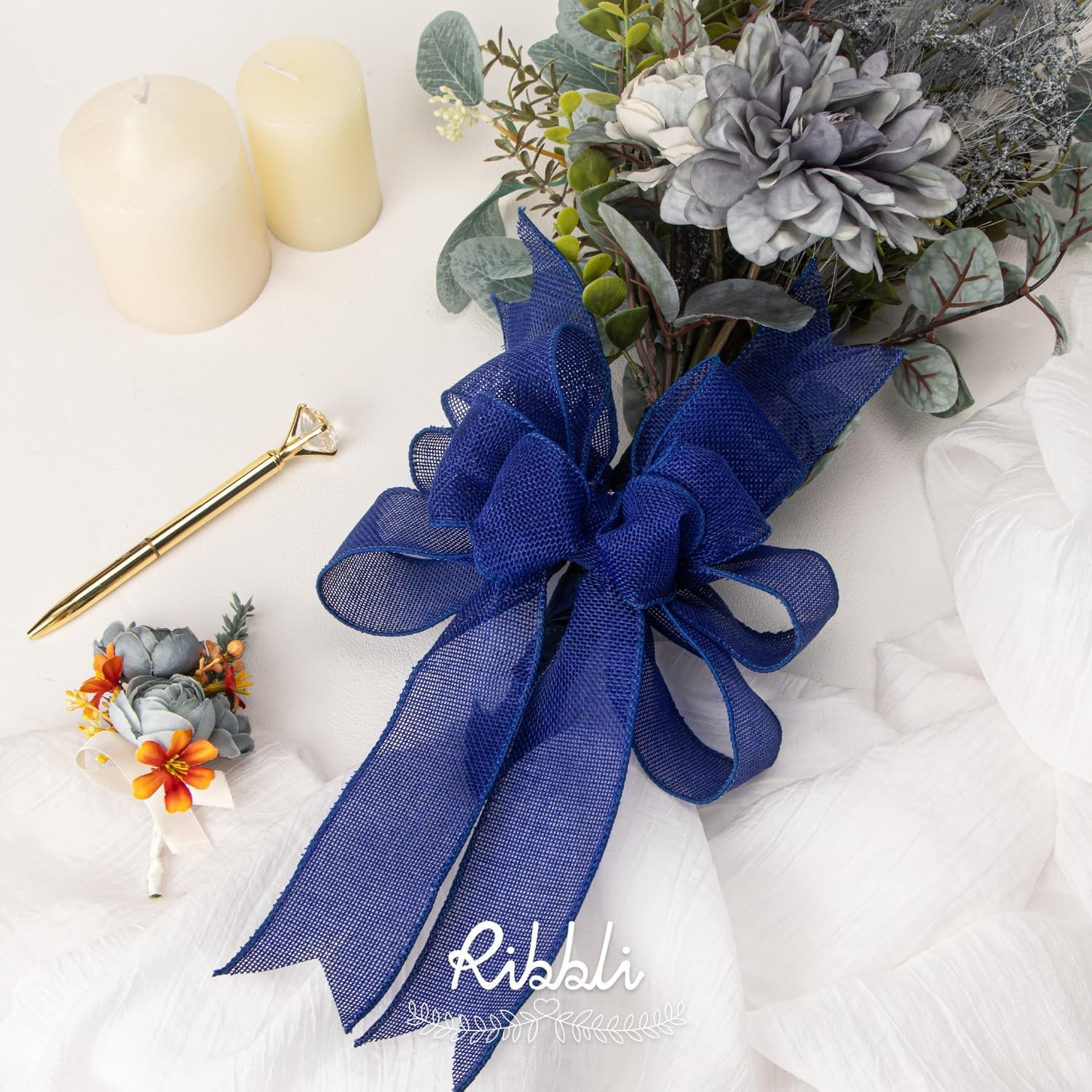 Ribbli Pink Burlap Valentine’s Day Wired Ribbon,2 Inch x Continuous 10 Yard, Easter Wired Edge Ribbon for Big Bow,Wreath,Tree Decoration,Outdoor Decoration(Dark Blue)