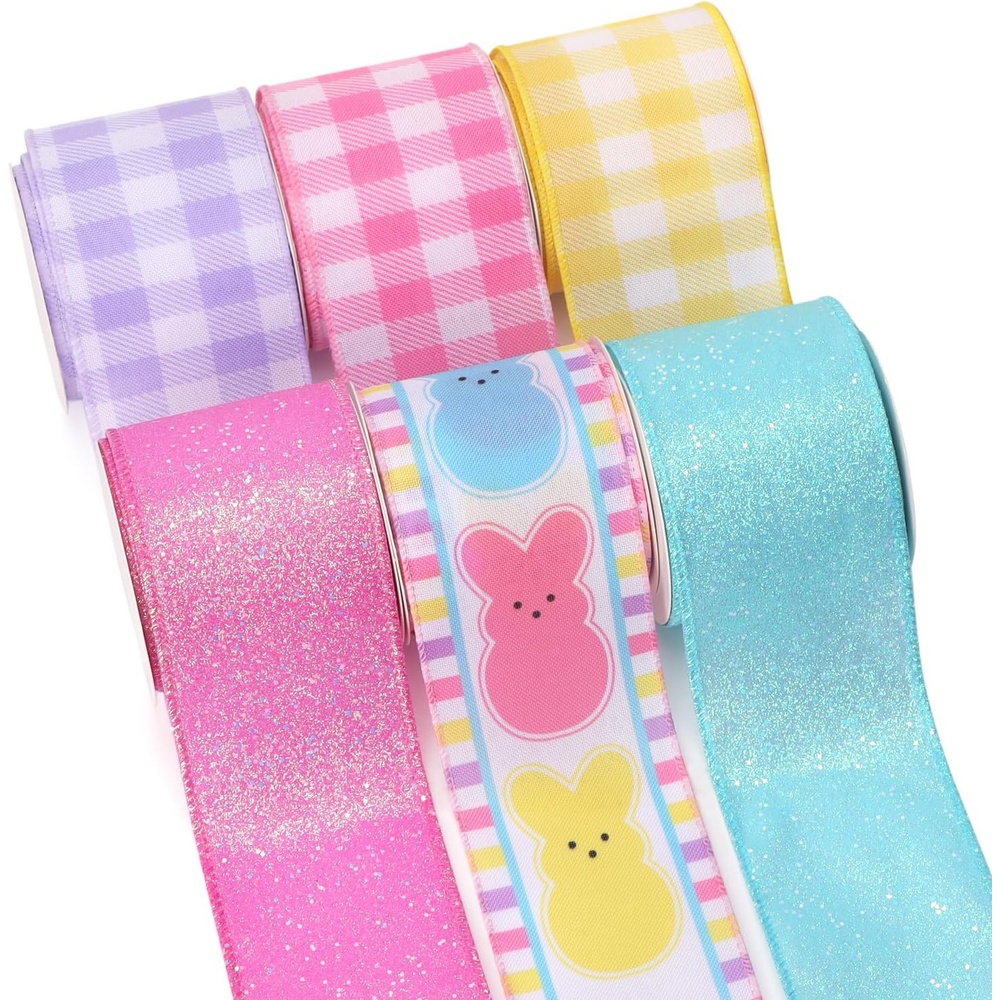 Ribbli Easter Ribbon Wired-Easter Bunny Pink Purple Yellow Plaid Burlap Ribbon 2-1/2 Inch Total 60 Feets(30 Yards) 6 Rolls Spring Ribbon for Wreaths Crafts Wrapping Outdoor Decor