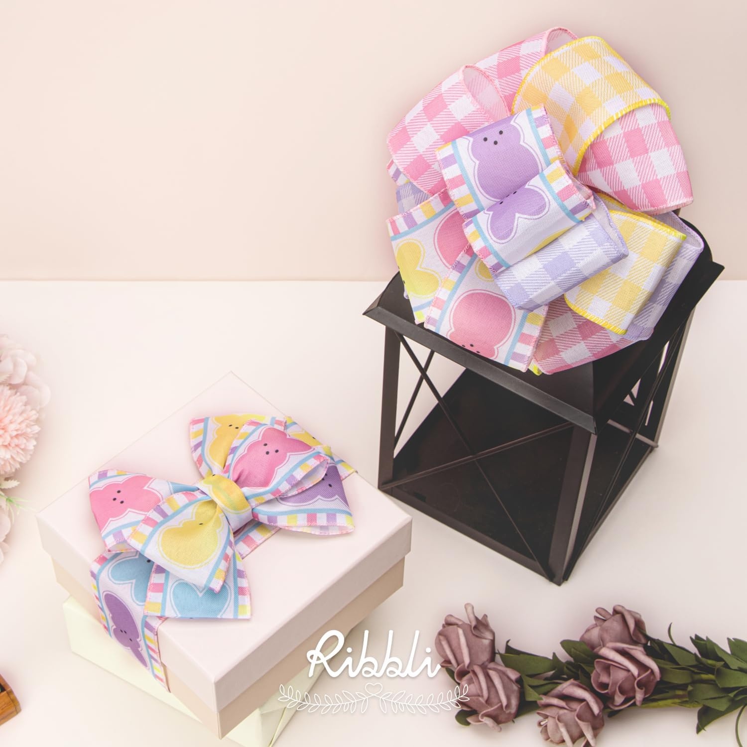 Ribbli Easter Ribbon Wired-Easter Bunny Pink Purple Yellow Plaid Burlap Ribbon 2-1/2 Inch Total 60 Feets(30 Yards) 6 Rolls Spring Ribbon for Wreaths Crafts Wrapping Outdoor Decor