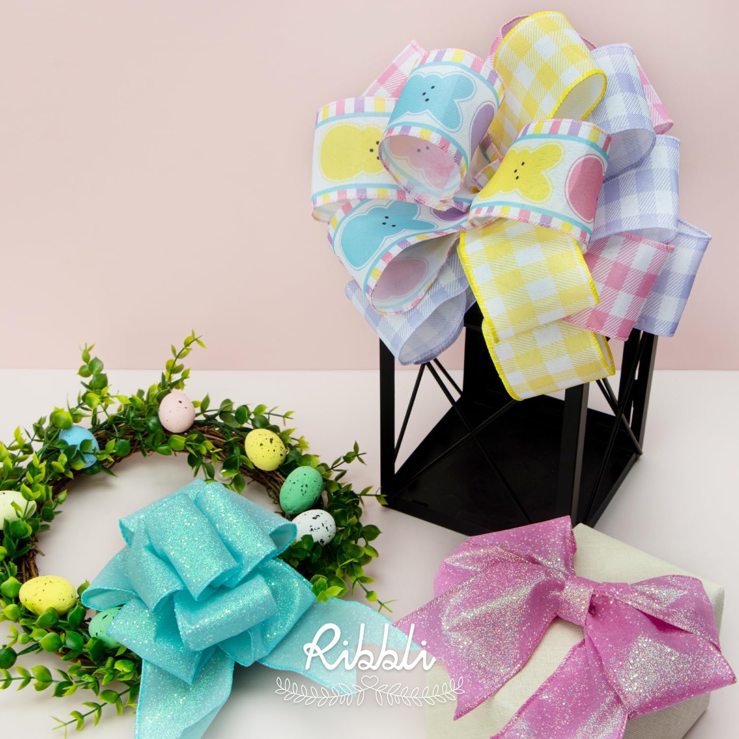 Ribbli Easter Ribbon Wired-Easter Bunny Pink Purple Yellow Plaid Burlap Ribbon 2-1/2 Inch Total 60 Feets(30 Yards) 6 Rolls Spring Ribbon for Wreaths Crafts Wrapping Outdoor Decor