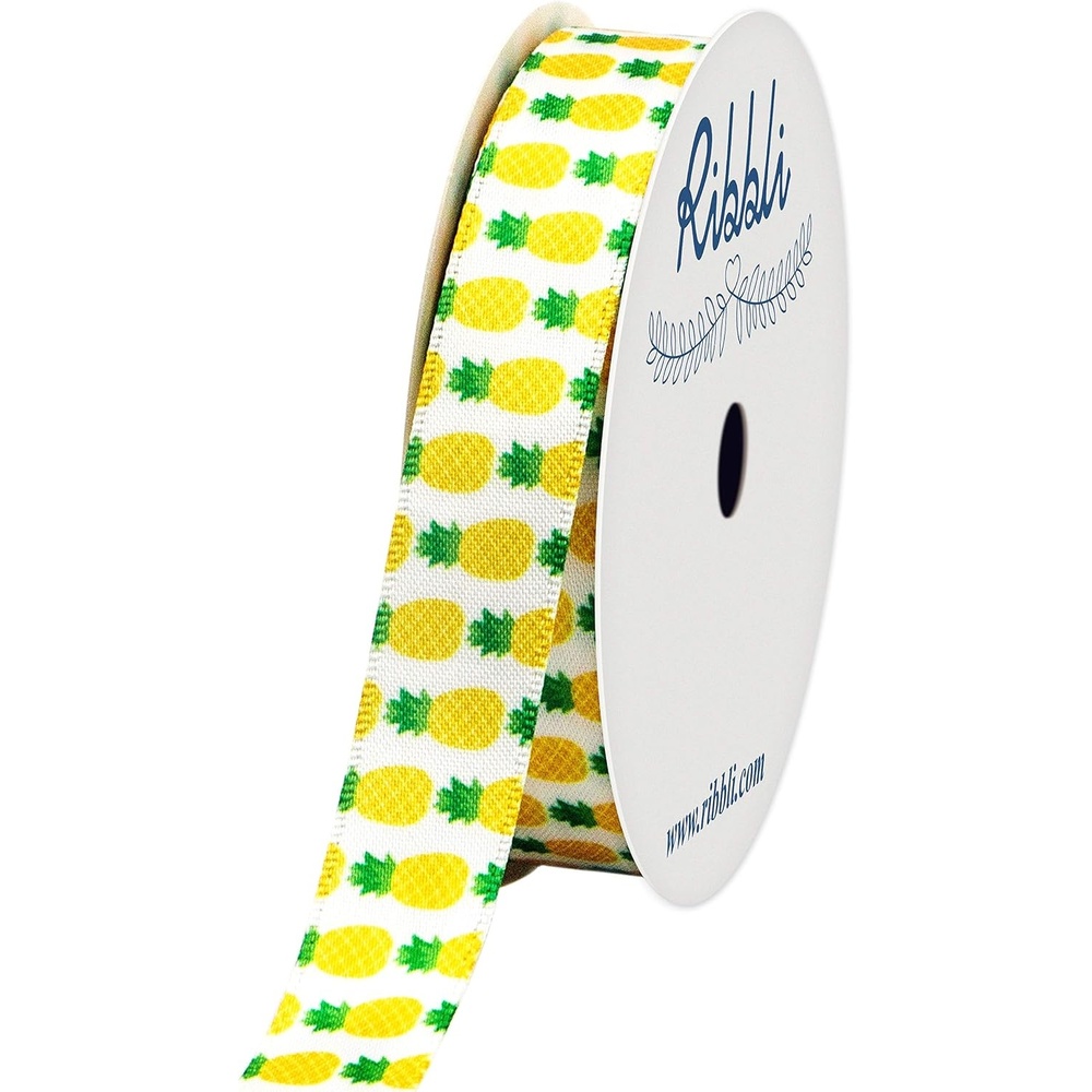 Ribbli Satin Pineapple Craft Ribbon,5/8-Inch x 10-Yard,White/Yellow/Green,Use for Hair Bows,Wreath,Birthday,Gift Wrapping,Summer Decoration,All Crafting and Sewing