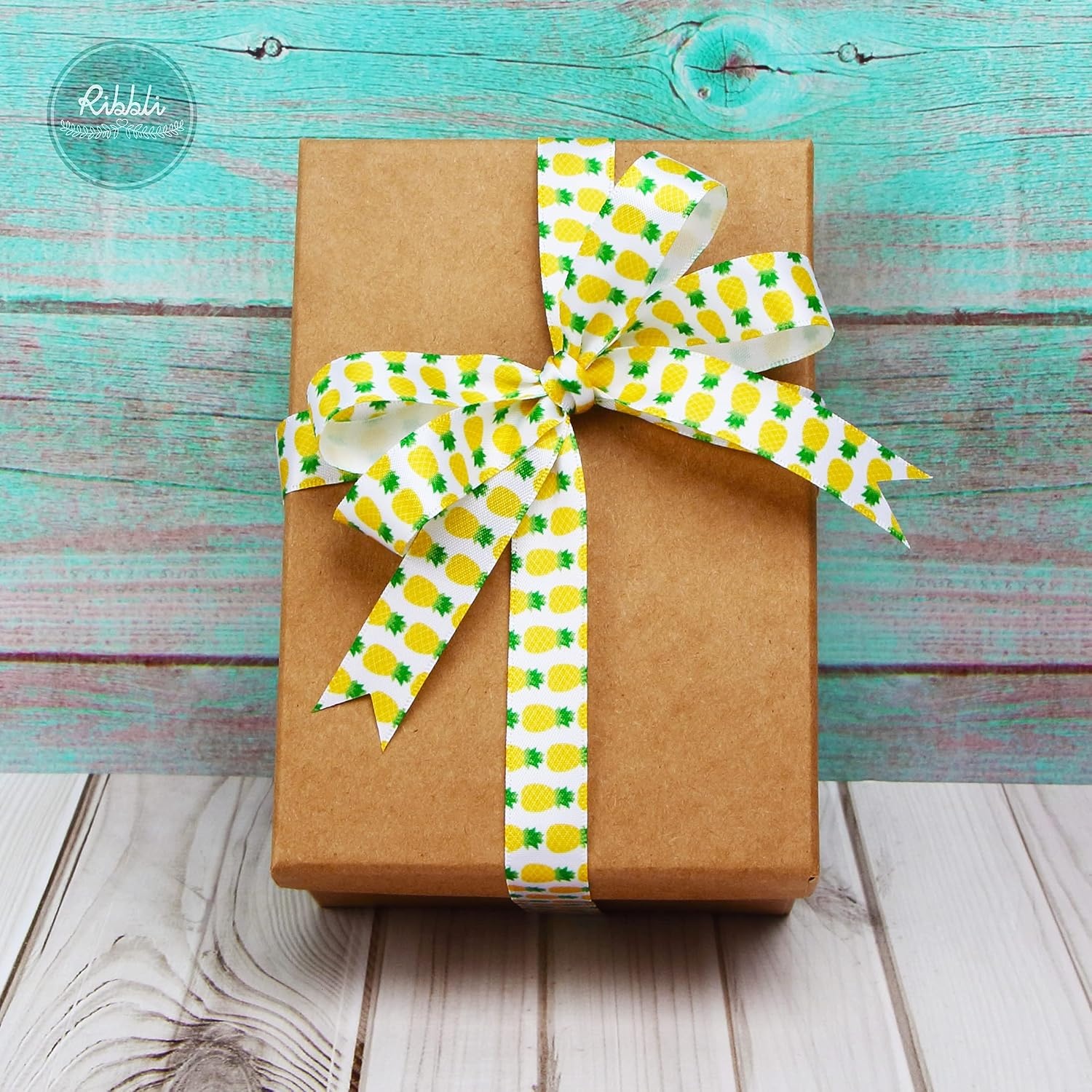 Ribbli Satin Pineapple Craft Ribbon,5/8-Inch x 10-Yard,White/Yellow/Green,Use for Hair Bows,Wreath,Birthday,Gift Wrapping,Summer Decoration,All Crafting and Sewing