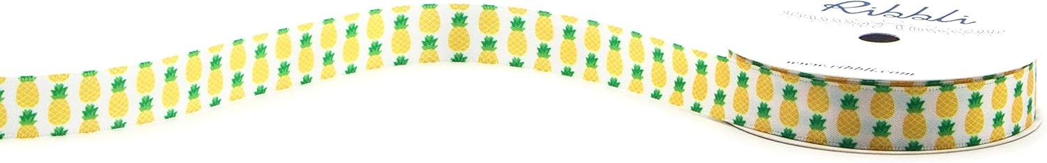 Ribbli Satin Pineapple Craft Ribbon,5/8-Inch x 10-Yard,White/Yellow/Green,Use for Hair Bows,Wreath,Birthday,Gift Wrapping,Summer Decoration,All Crafting and Sewing