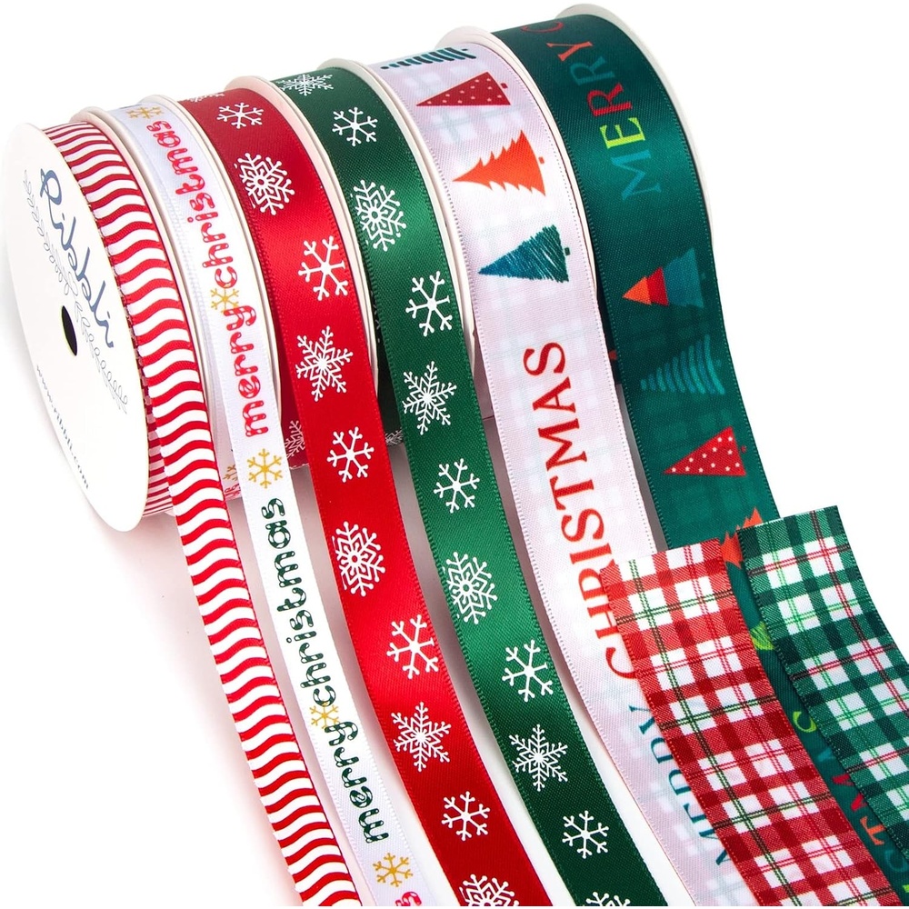 Ribbli Christmas Ribbon for Gift Wrapping, Merry Christmas Ribbon with Gold Pattern, Use for Christmas Craft,Gift Wrapping,Home Decor,3/8 5/8 1- 6 Rolls Total 30 Yards,Red/Green(Red/White/Green)