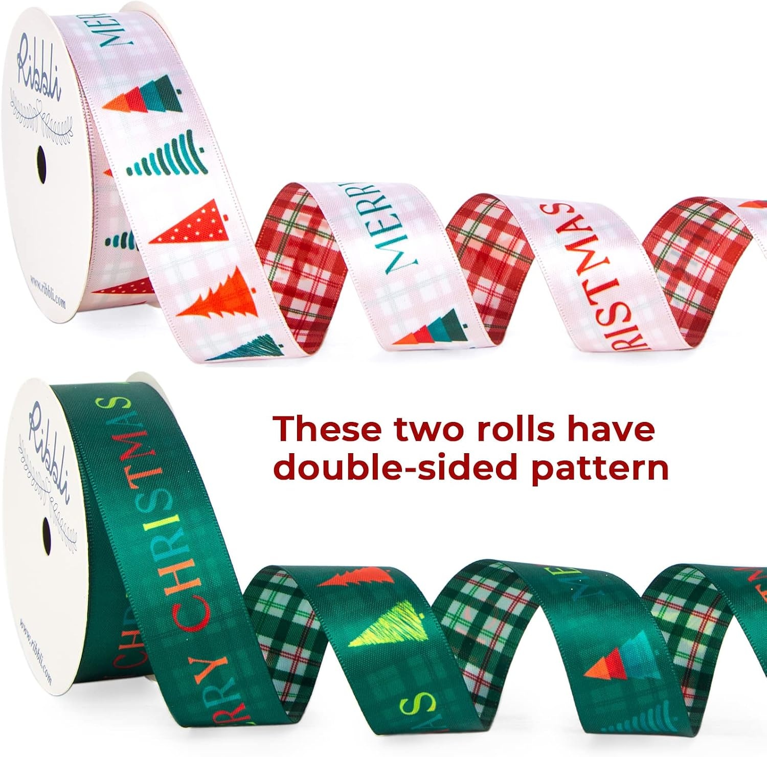 Ribbli Christmas Ribbon for Gift Wrapping, Merry Christmas Ribbon with Gold Pattern, Use for Christmas Craft,Gift Wrapping,Home Decor,3/8 5/8 1- 6 Rolls Total 30 Yards,Red/Green(Red/White/Green)