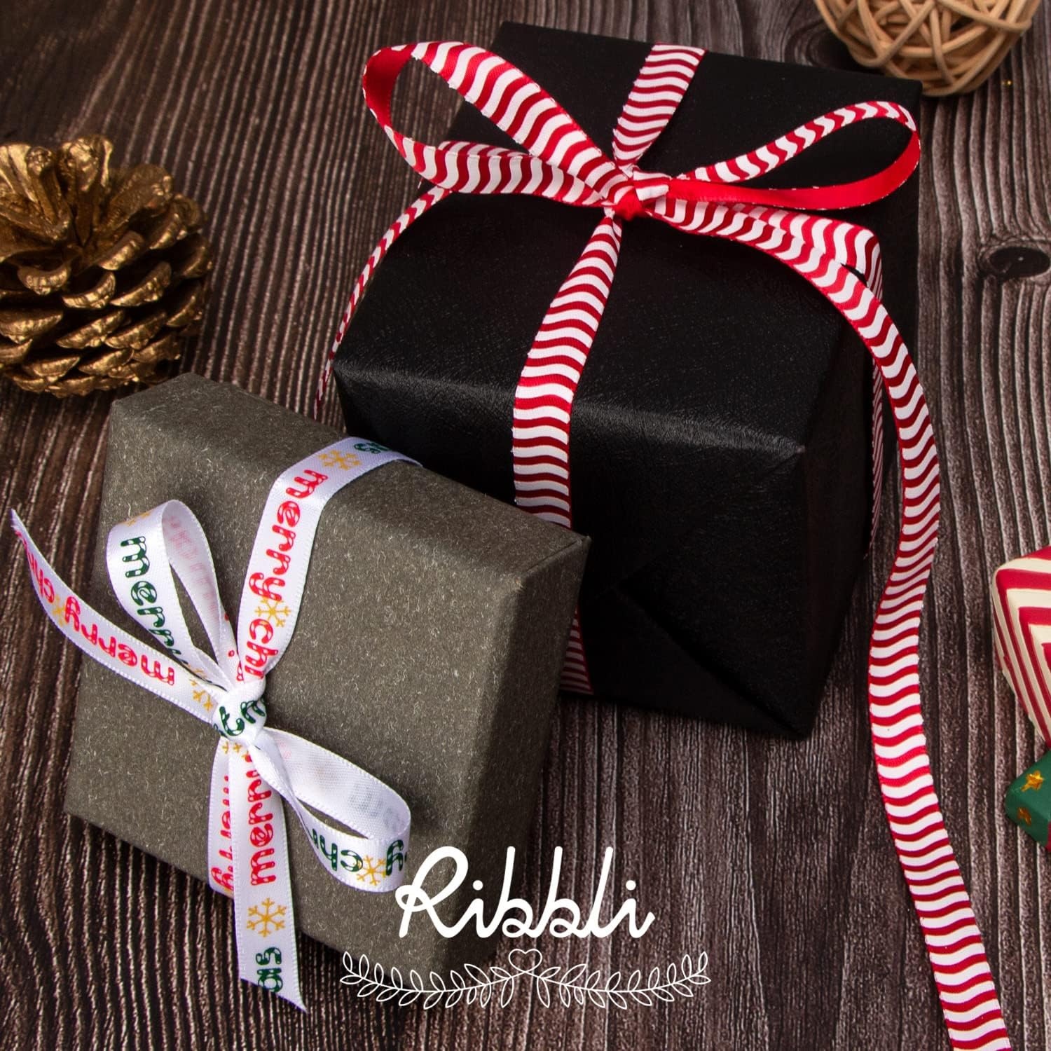 Ribbli Christmas Ribbon for Gift Wrapping, Merry Christmas Ribbon with Gold Pattern, Use for Christmas Craft,Gift Wrapping,Home Decor,3/8 5/8 1- 6 Rolls Total 30 Yards,Red/Green(Red/White/Green)