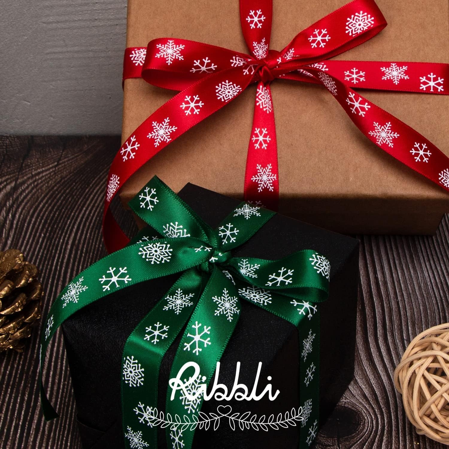 Ribbli Christmas Ribbon for Gift Wrapping, Merry Christmas Ribbon with Gold Pattern, Use for Christmas Craft,Gift Wrapping,Home Decor,3/8 5/8 1- 6 Rolls Total 30 Yards,Red/Green(Red/White/Green)