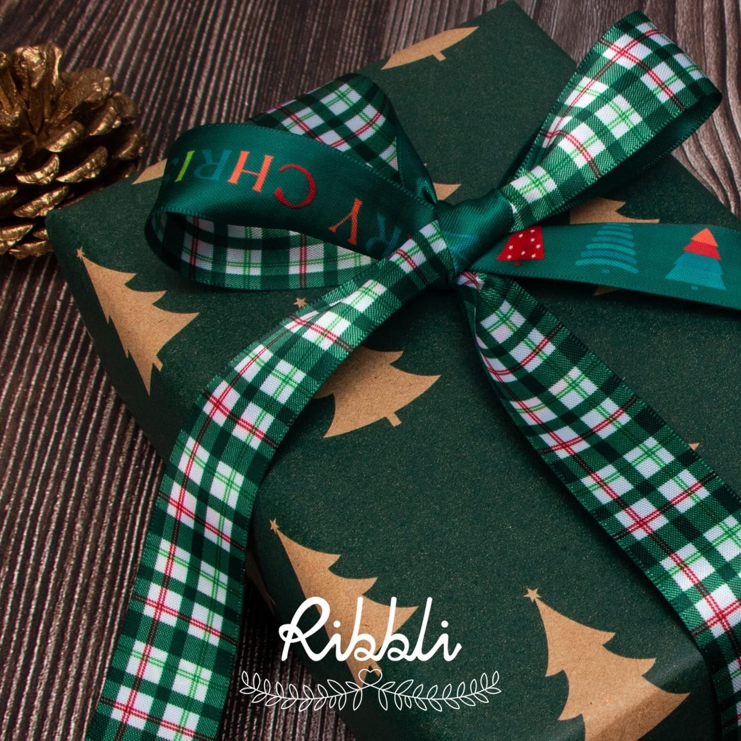 Ribbli Christmas Ribbon for Gift Wrapping, Merry Christmas Ribbon with Gold Pattern, Use for Christmas Craft,Gift Wrapping,Home Decor,3/8 5/8 1- 6 Rolls Total 30 Yards,Red/Green(Red/White/Green)