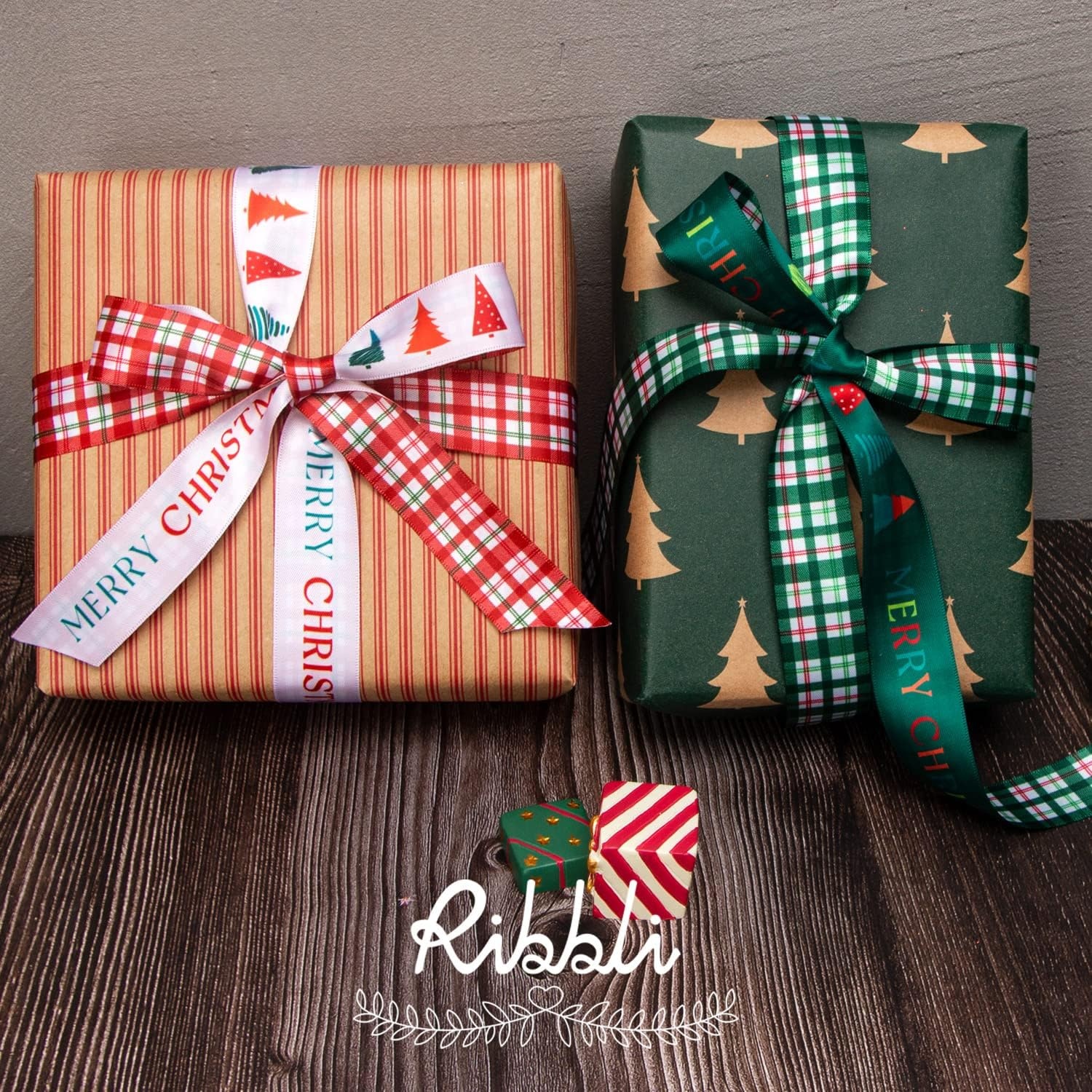 Ribbli Christmas Ribbon for Gift Wrapping, Merry Christmas Ribbon with Gold Pattern, Use for Christmas Craft,Gift Wrapping,Home Decor,3/8 5/8 1- 6 Rolls Total 30 Yards,Red/Green(Red/White/Green)