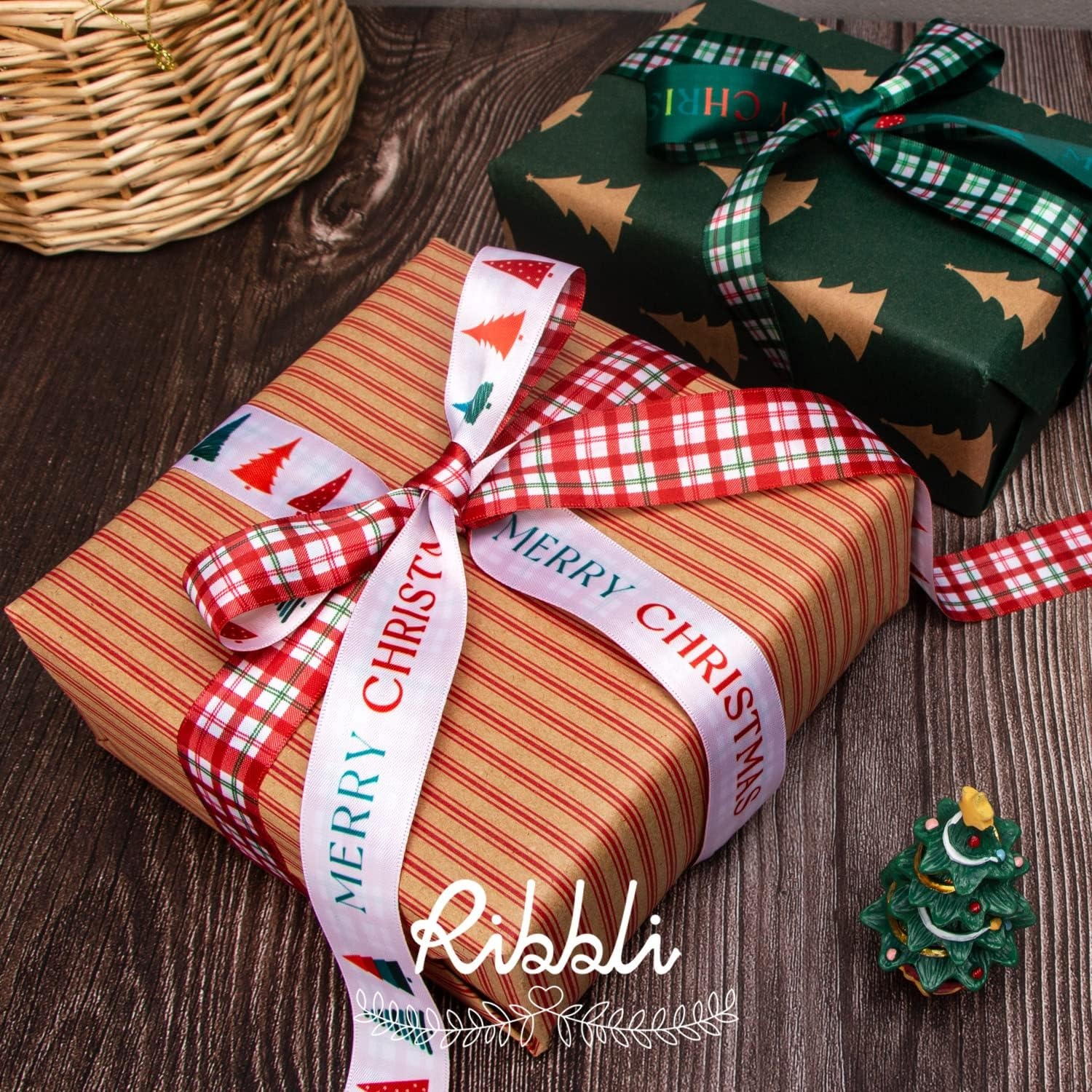 Ribbli Christmas Ribbon for Gift Wrapping, Merry Christmas Ribbon with Gold Pattern, Use for Christmas Craft,Gift Wrapping,Home Decor,3/8 5/8 1- 6 Rolls Total 30 Yards,Red/Green(Red/White/Green)