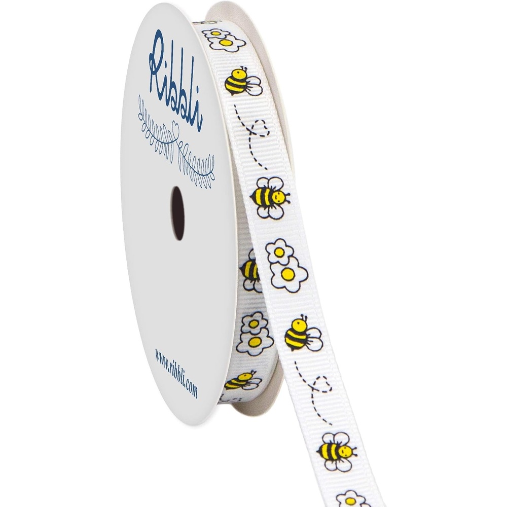 Ribbli Grosgrain Bee & Flower Craft Ribbon,3/8 Inch x 10 Yard,White/Yellow/Black,Use for Gift Wrapping,Party Decoration,Hair Bows,All Crafting and Sewing(White)