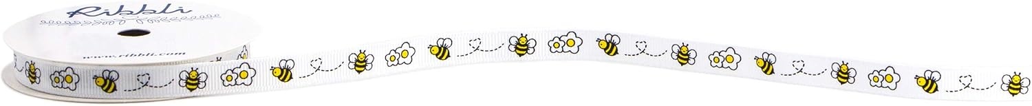 Ribbli Grosgrain Bee & Flower Craft Ribbon,3/8 Inch x 10 Yard,White/Yellow/Black,Use for Gift Wrapping,Party Decoration,Hair Bows,All Crafting and Sewing(White)