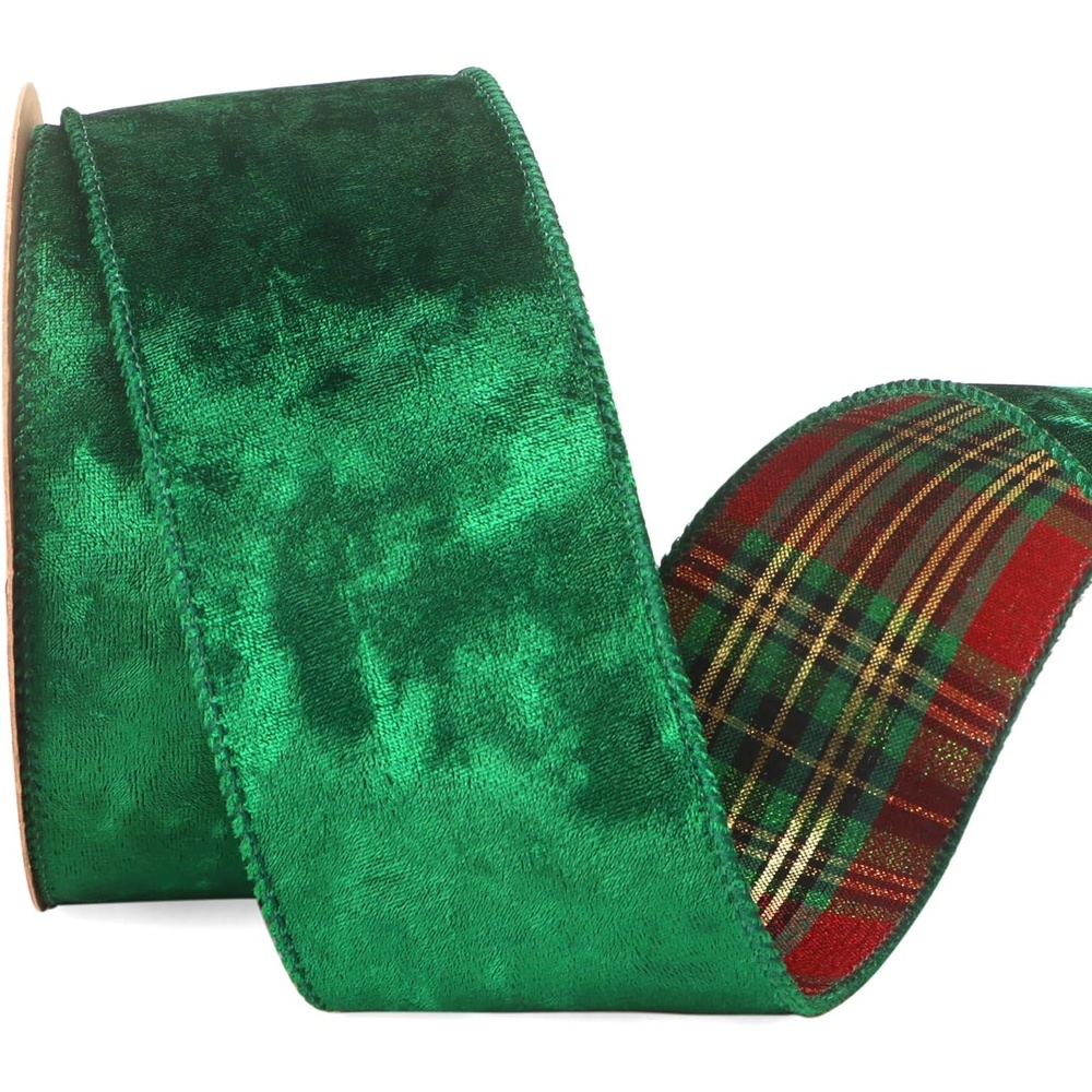 Ribbli Red Crushed Velvet Wired Ribbon with Red Plaid Reversible 4 Inch Christmas Ribbon for Gift Wrapping Christmas Tree Decoration Crafts Wreaths Supplies-10 Yards(Green/Red/Gold)