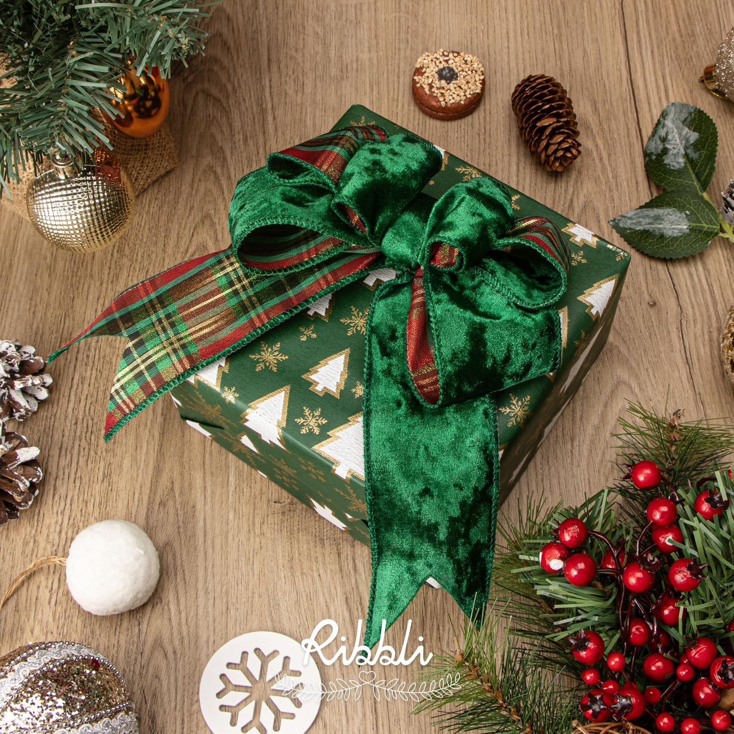 Ribbli Red Crushed Velvet Wired Ribbon with Red Plaid Reversible 4 Inch Christmas Ribbon for Gift Wrapping Christmas Tree Decoration Crafts Wreaths Supplies-10 Yards(Green/Red/Gold)