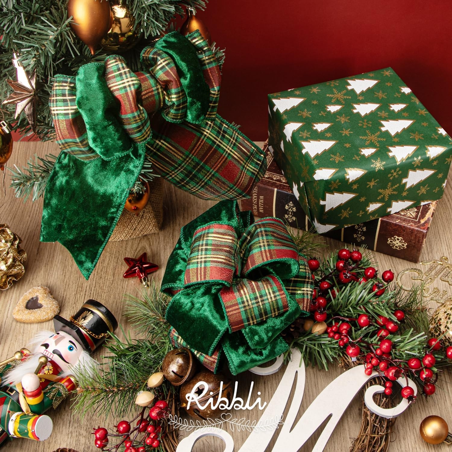 Ribbli Red Crushed Velvet Wired Ribbon with Red Plaid Reversible 4 Inch Christmas Ribbon for Gift Wrapping Christmas Tree Decoration Crafts Wreaths Supplies-10 Yards(Green/Red/Gold)