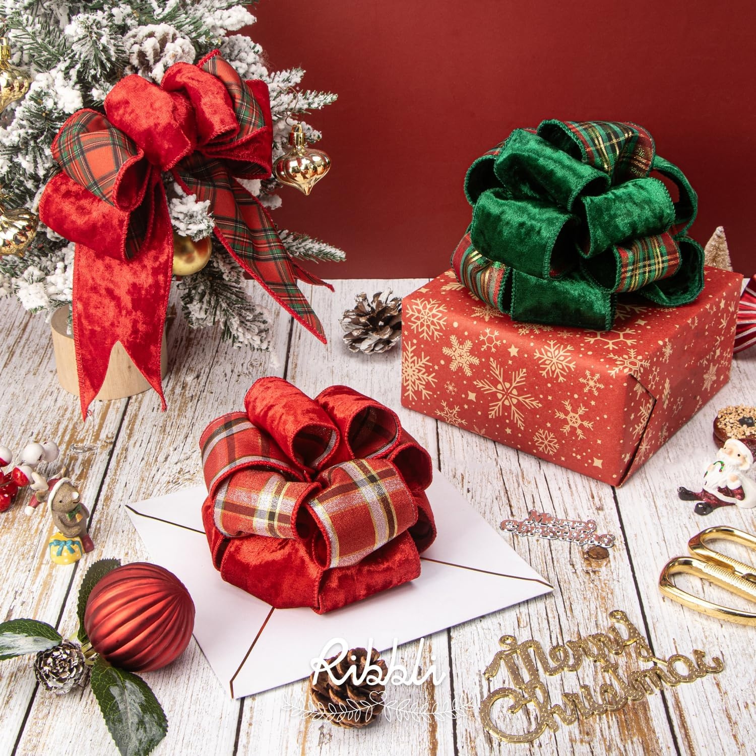 Ribbli Red Crushed Velvet Wired Ribbon with Red Plaid Reversible 4 Inch Christmas Ribbon for Gift Wrapping Christmas Tree Decoration Crafts Wreaths Supplies-10 Yards(Green/Red/Gold)