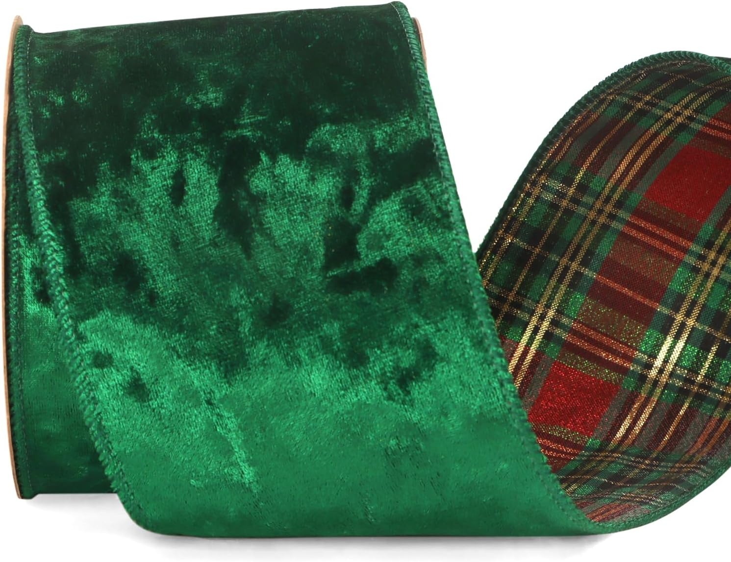 Ribbli Red Crushed Velvet Wired Ribbon with Red Plaid Reversible 4 Inch Christmas Ribbon for Gift Wrapping Christmas Tree Decoration Crafts Wreaths Supplies-10 Yards(Green/Red/Gold)