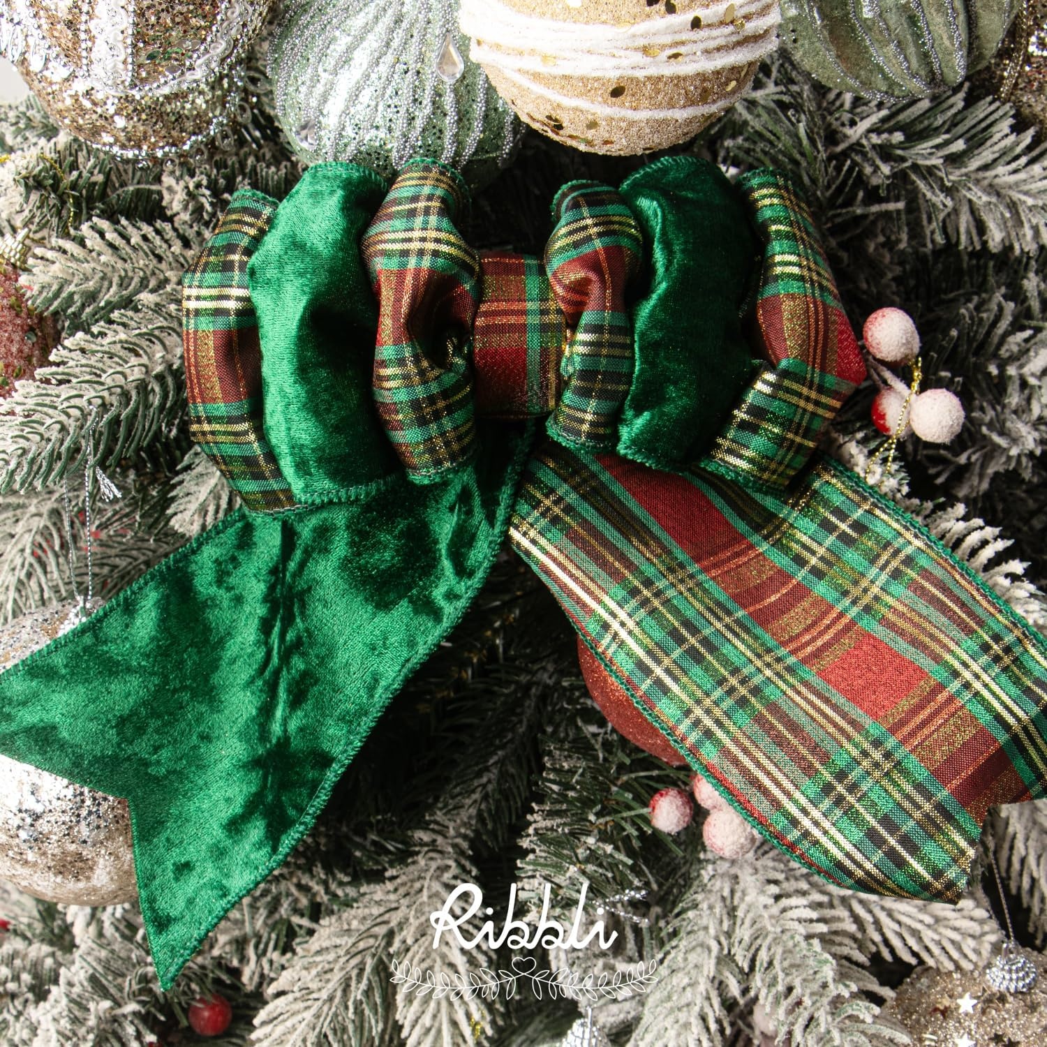 Ribbli Red Crushed Velvet Wired Ribbon with Red Plaid Reversible 4 Inch Christmas Ribbon for Gift Wrapping Christmas Tree Decoration Crafts Wreaths Supplies-10 Yards(Green/Red/Gold)